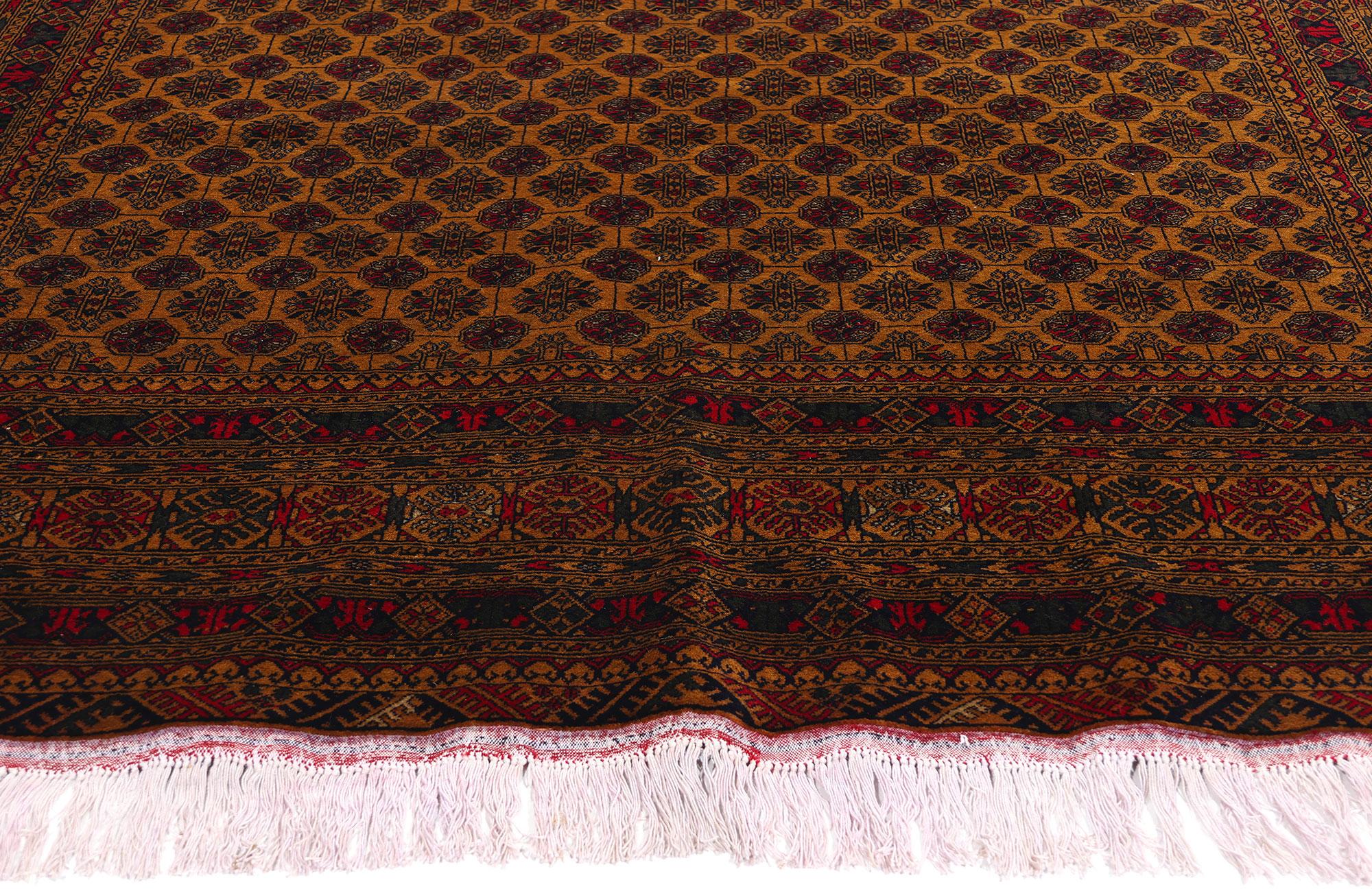 Persiano Vintage Warm Earth-Tone Afghan Turkoman Wool Area Rug, 06'05 x 09'06 in vendita