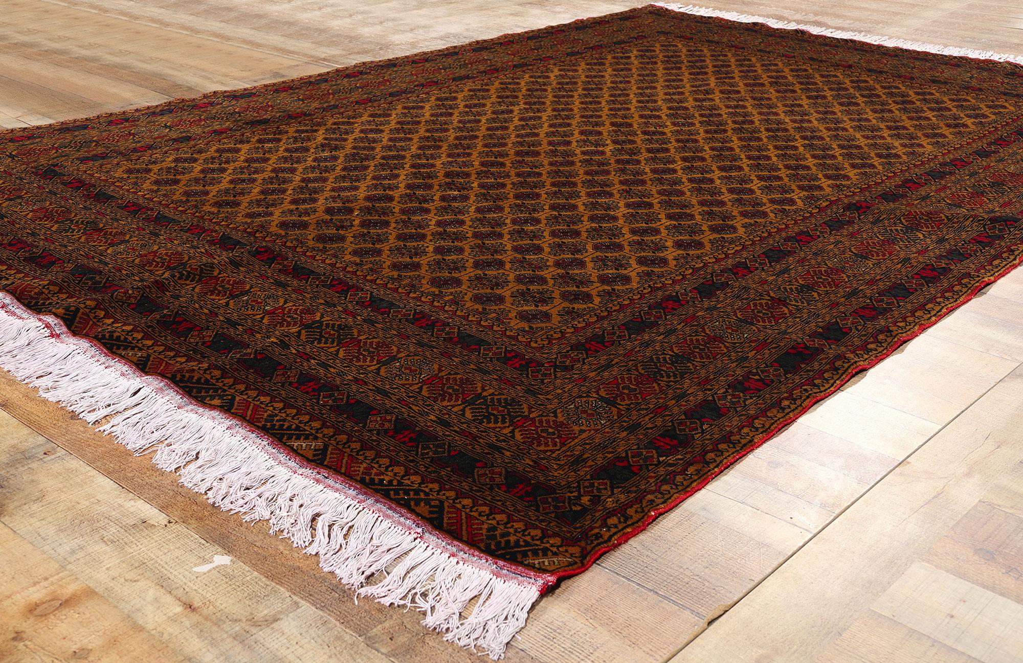 XX secolo Vintage Warm Earth-Tone Afghan Turkoman Wool Area Rug, 06'05 x 09'06 in vendita