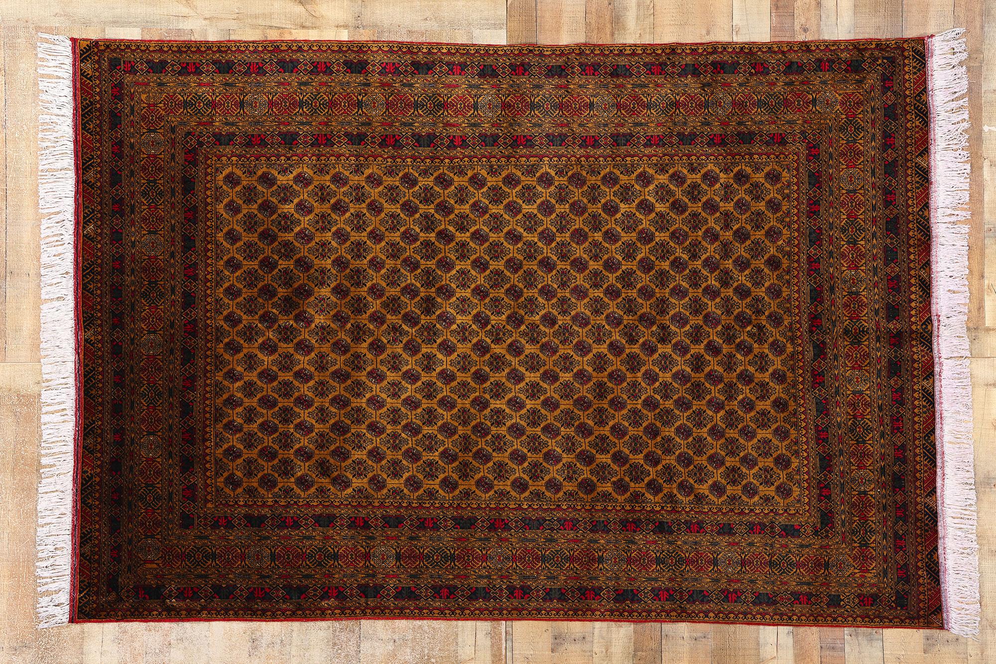 Vintage Warm Earth-Tone Afghan Turkoman Wool Area Rug, 06'05 x 09'06 in vendita 1