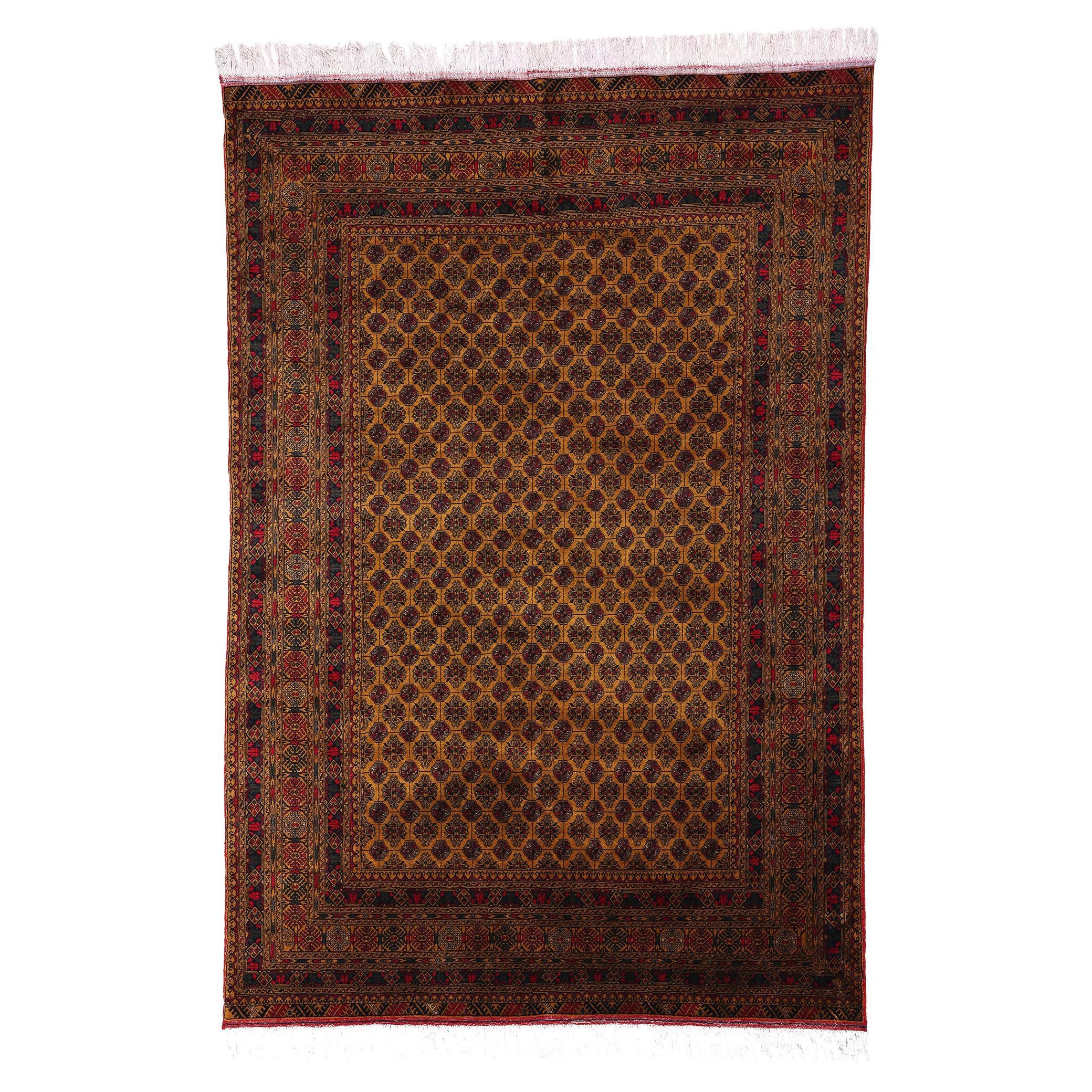 Vintage Warm Earth-Tone Afghan Turkoman Wool Area Rug, 06'05 x 09'06