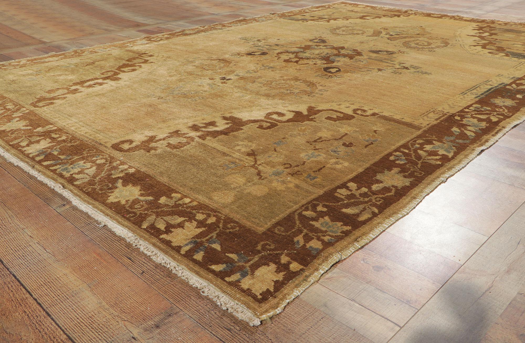 Wool Vintage Warm Earth-Tone Turkish Kars Rug with Mid-Century Modern Style For Sale