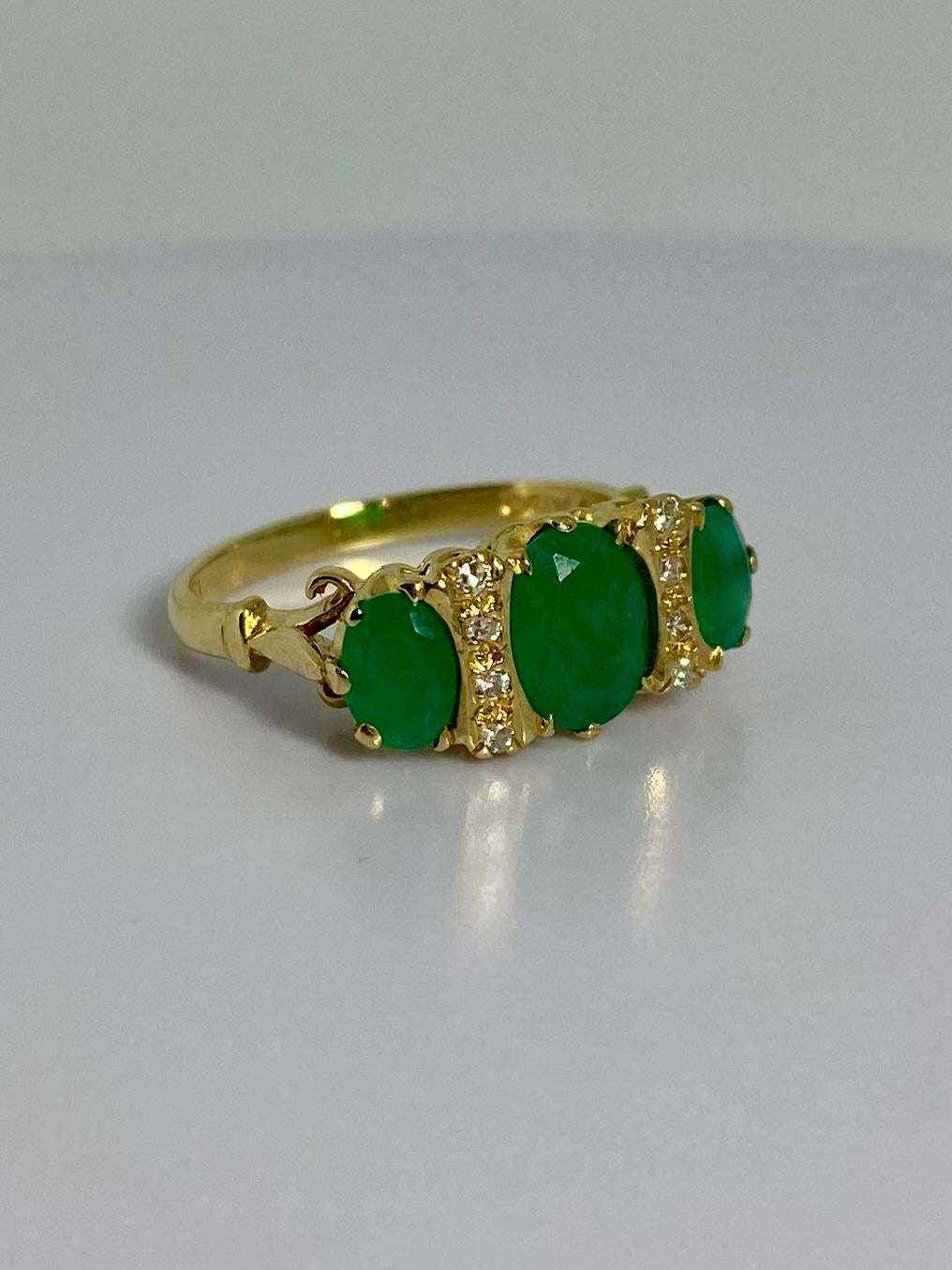 Vintage Warm Golden Ring with Natural Diamonds and Natural Emeralds. One of kind beautiful vintage ring from 1950S. So happy to present to you this very attractive ring which we have not seen before! The condition of this ring is very good. Besides