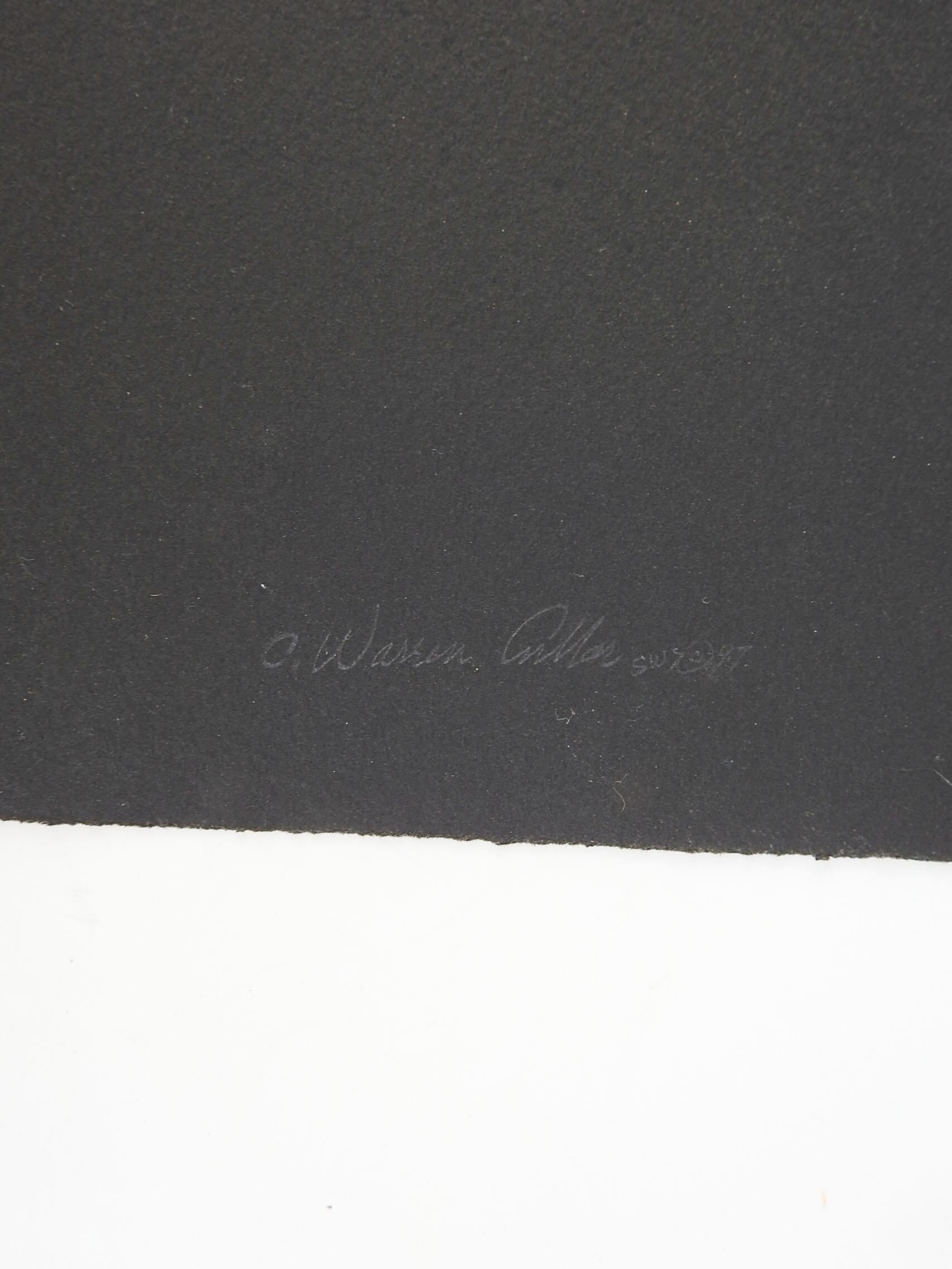 1997 Serigrafie auf schwarzem Papier eines weiblichen Aktes von Warren Cullar (20.-21. Jahrhundert) Texas. Ombre-Effekt in Blau, Türkis und Lila mit Blattgoldakzenten, handgezeichnete Hintergrundmotive. Signiert und datiert in der rechten unteren