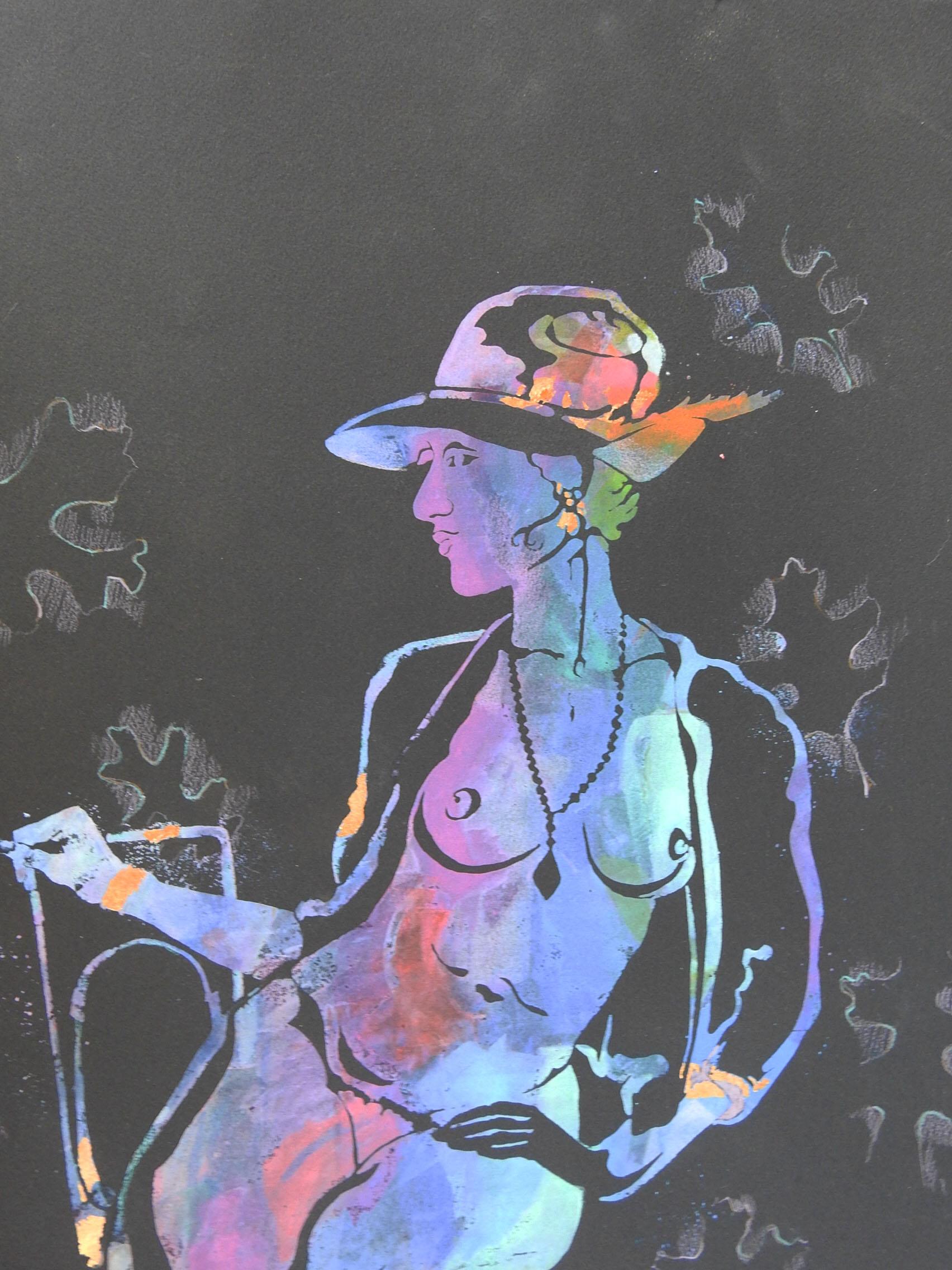 Warren Cullar Vintage Nude Serigraphie Blau & Lila auf Schwarz (amerikanisch) im Angebot