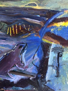 Abstraktes Vintage-Gemälde von Warren Fischer auf Holz, signiert und datiert 1988