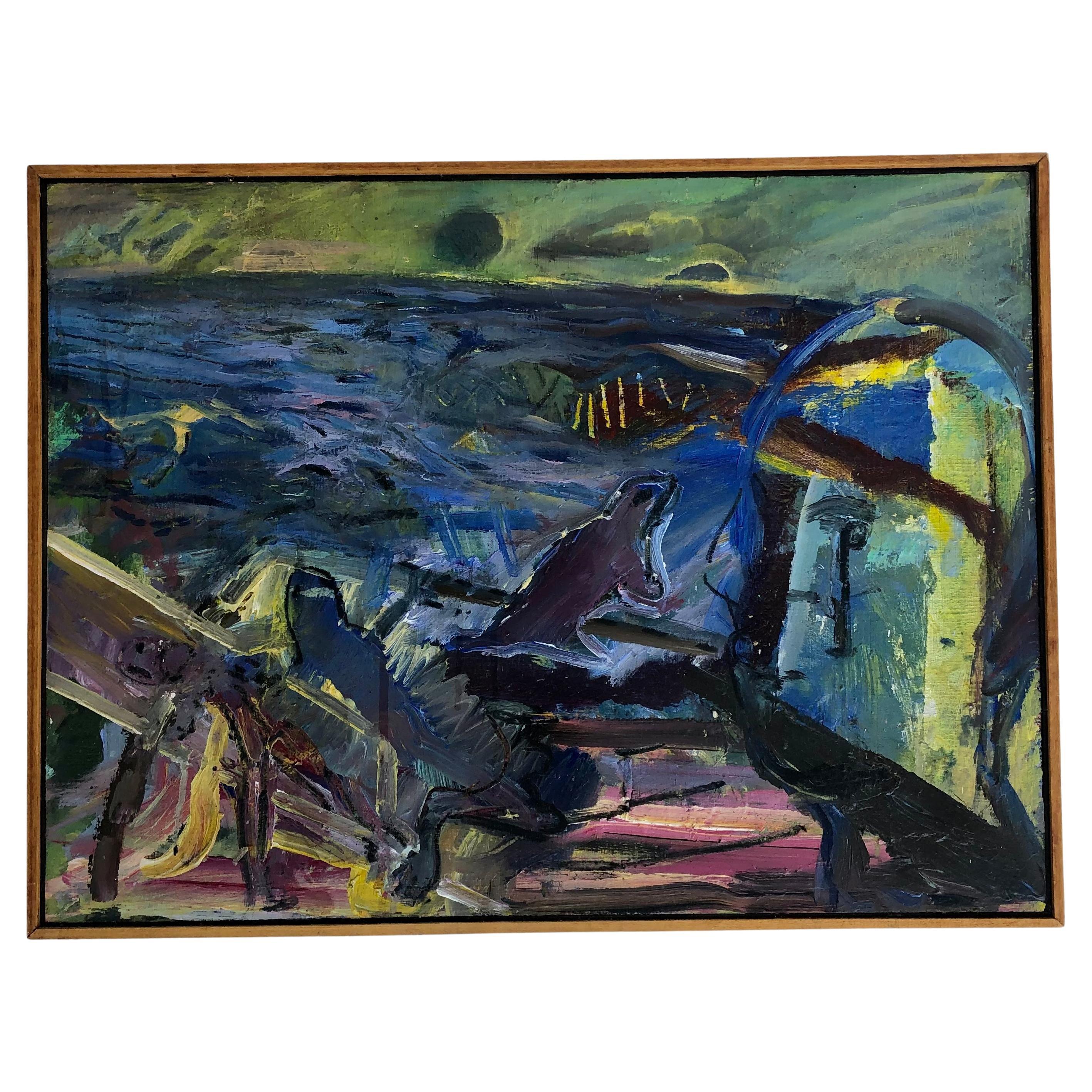 Peinture abstraite vintage de Warren Fischer sur bois, signée et datée de 1988