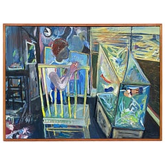 Peinture abstraite vintage Warren Fischer avec aquarium
