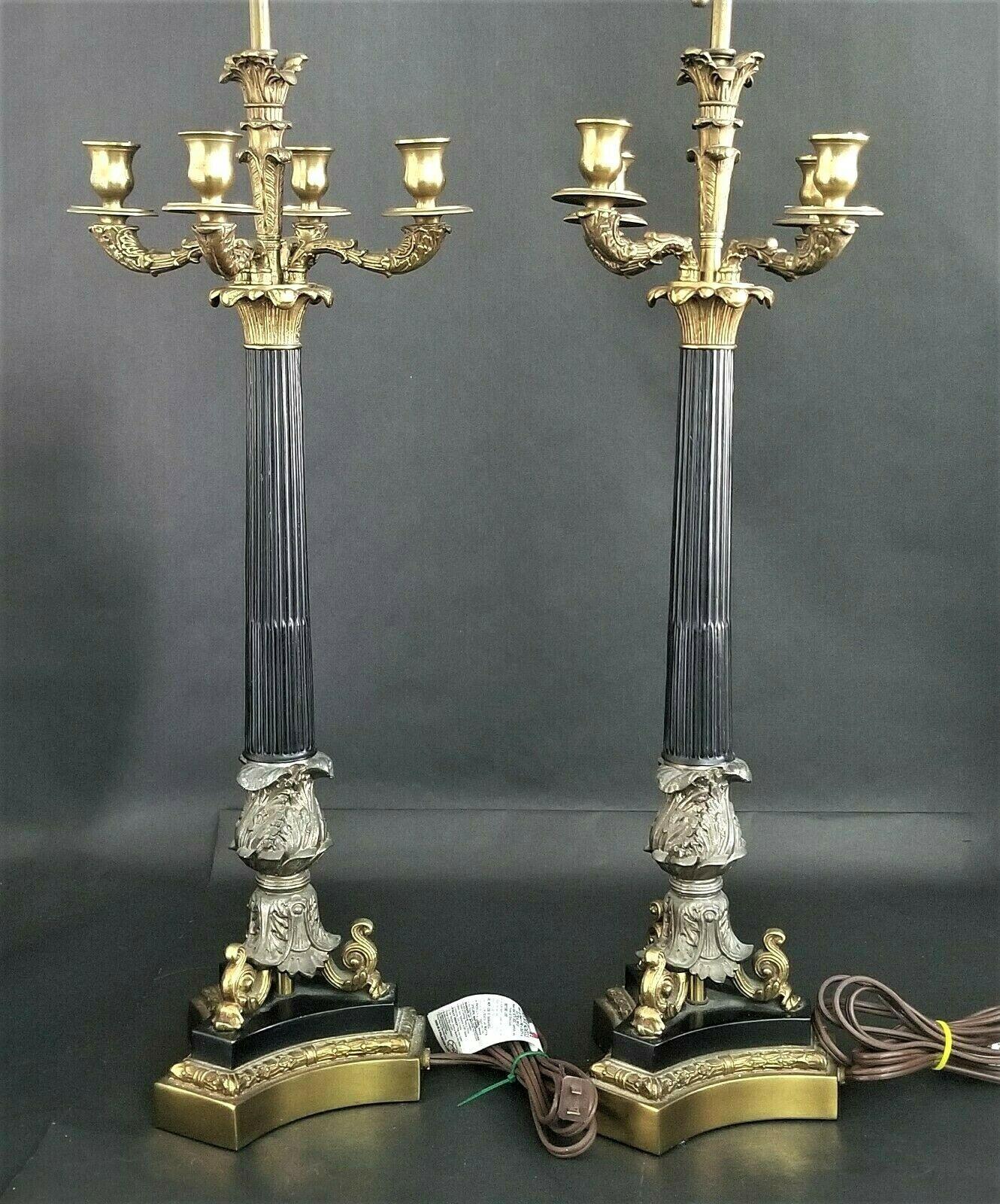 Offering one of our recent Palm Beach Estate fine lighting acquisitions of a
Pair of vintage Warren Kessler candelabra table lamps
Each lamp features 2 pull chains, 3-way sockets, and 4 Candleholders.

Approximate measurements in inches
40 1/2