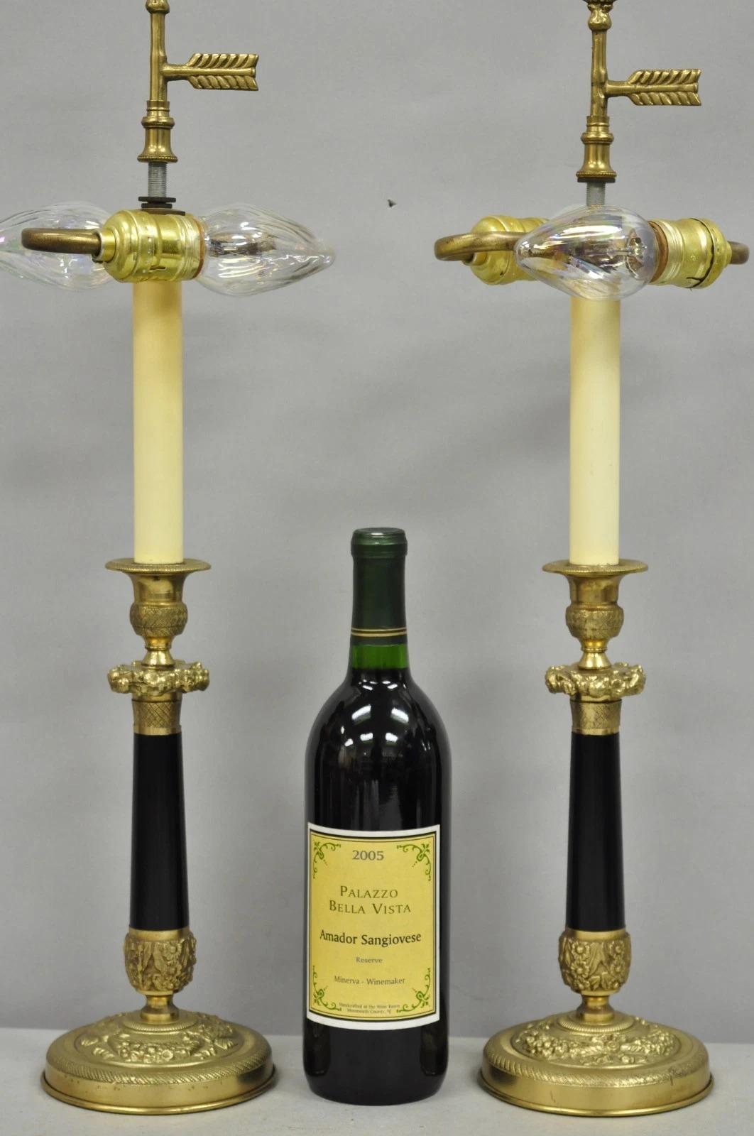 Vintage Warren Kessler French Empire Style Bronze Candlestick Black Column Bouillotte Small Table Lamps - a Pair. Circa Mid 20th Century. Measurements: 23
