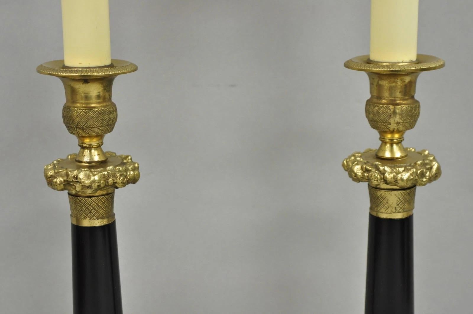 Metal Vintage Warren Kessler French Empire Bronze Candlestick Small Table Lamps a Pair For Sale