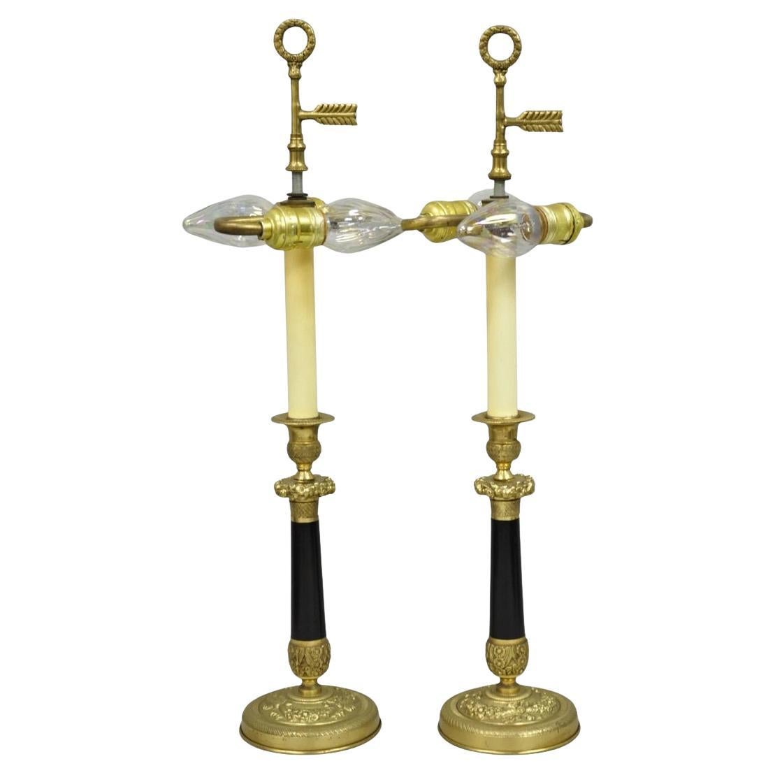 Vintage Warren Kessler French Empire Bronze Candlestick Small Table Lamps a Pair For Sale