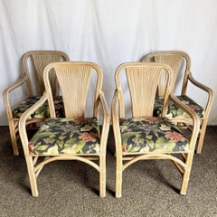 Vintage Washed Rattan Floral Dining Arm Chairs - Set of 4