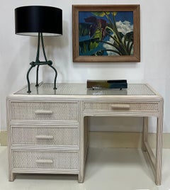 Vintage Washed Wicker Reed Rattan Desk, Fitted Inset Glass Top