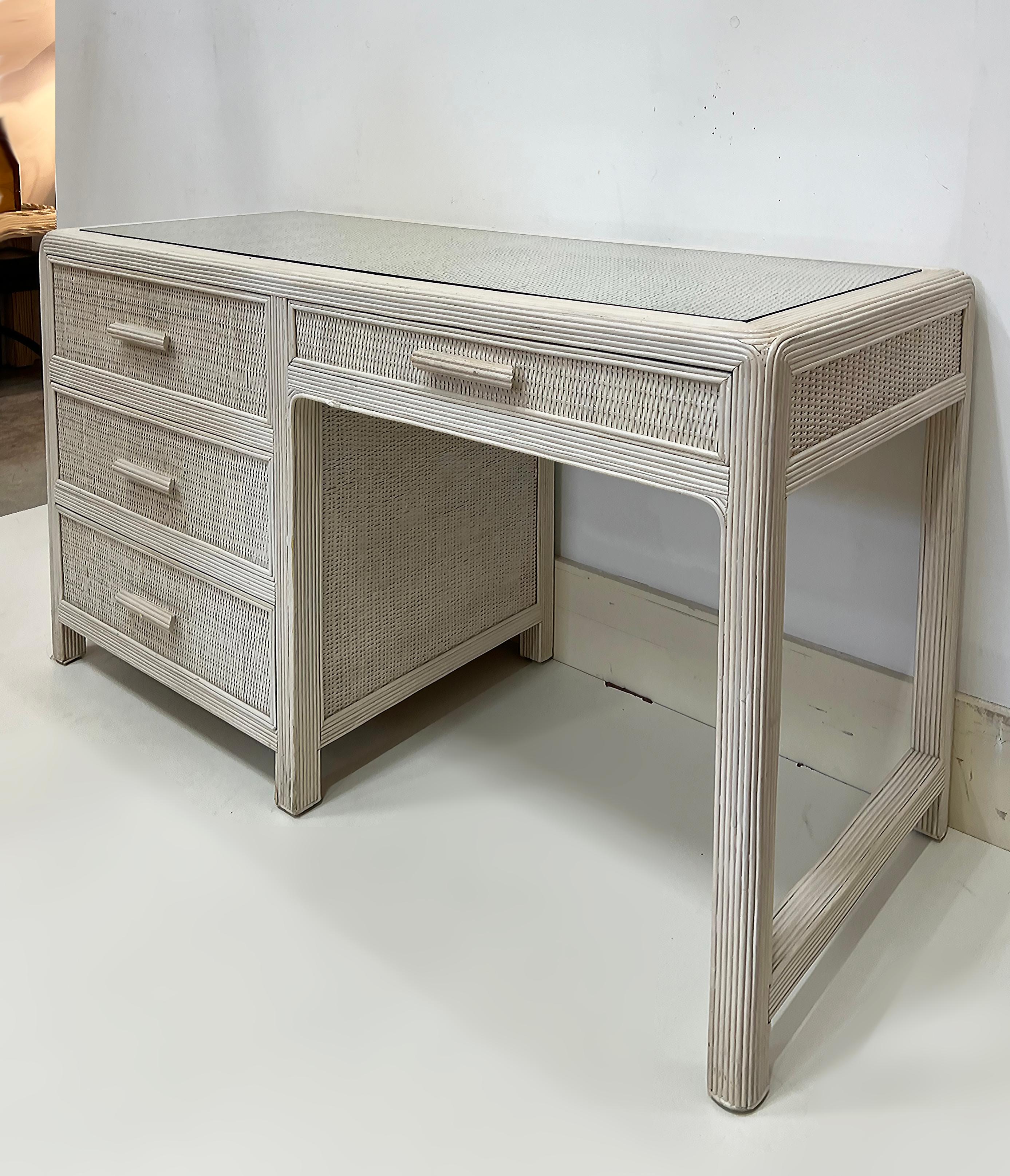 Vintage Washed Wicker Reed Rattan Desk, Fitted Inset Glass Top In Good Condition In Miami, FL