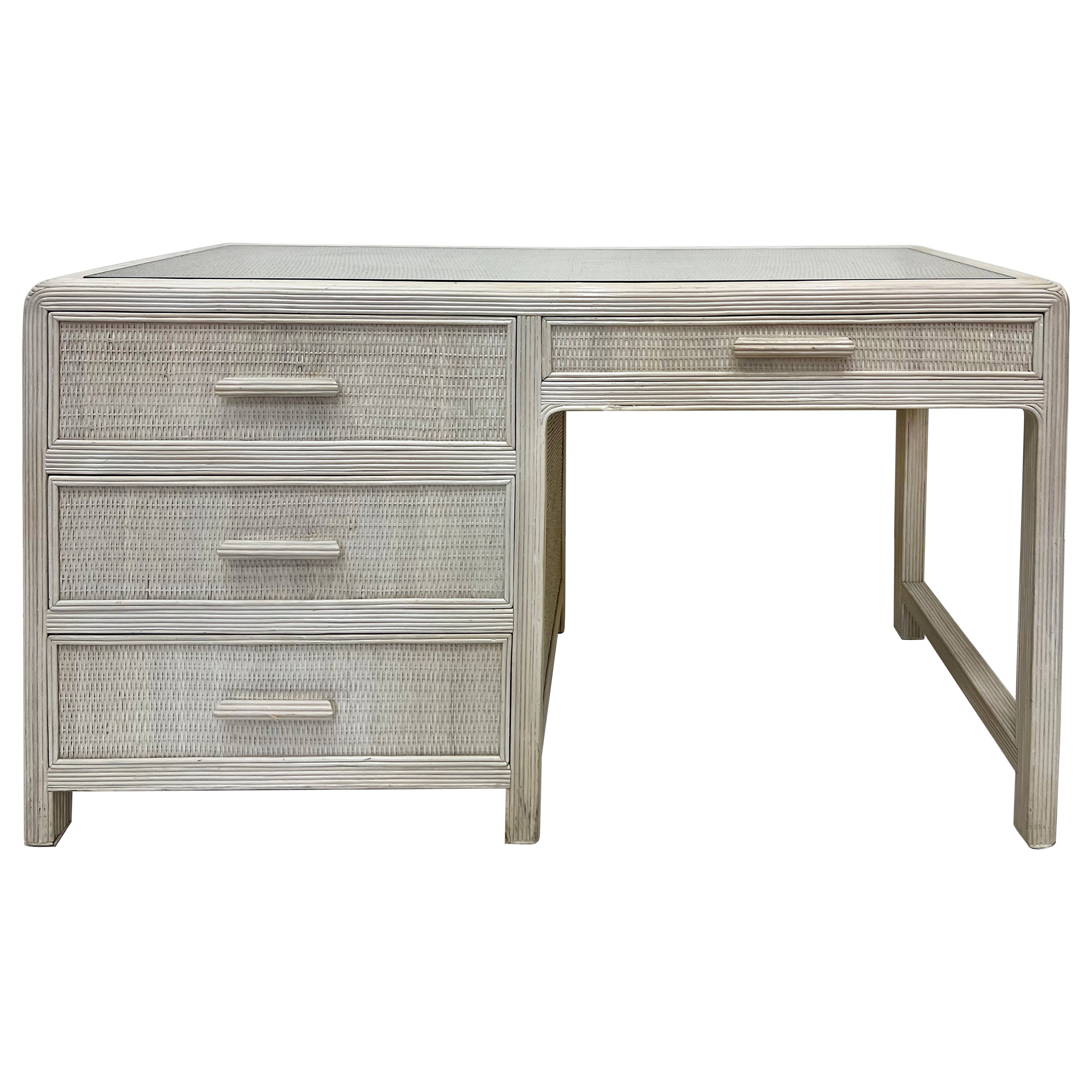 Vintage Washed Wicker Reed Rattan Desk, Fitted Inset Glass Top