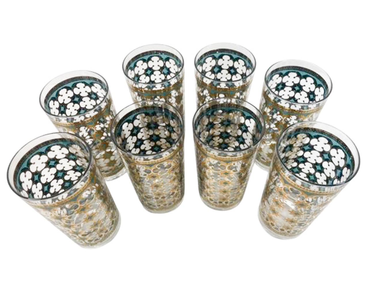 Ensemble de huit verres highball de Washington Glass décorés avec de l'or 22 carats sur de l'émail sarcelle translucide dans un motif allover de quadrilobes.