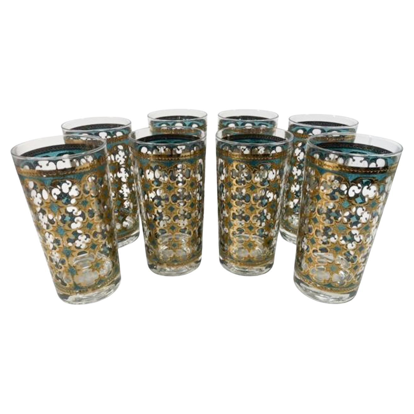 Vintage Washington Glass Highball Glasses w/ Gold Over Green Quatrefoil Design