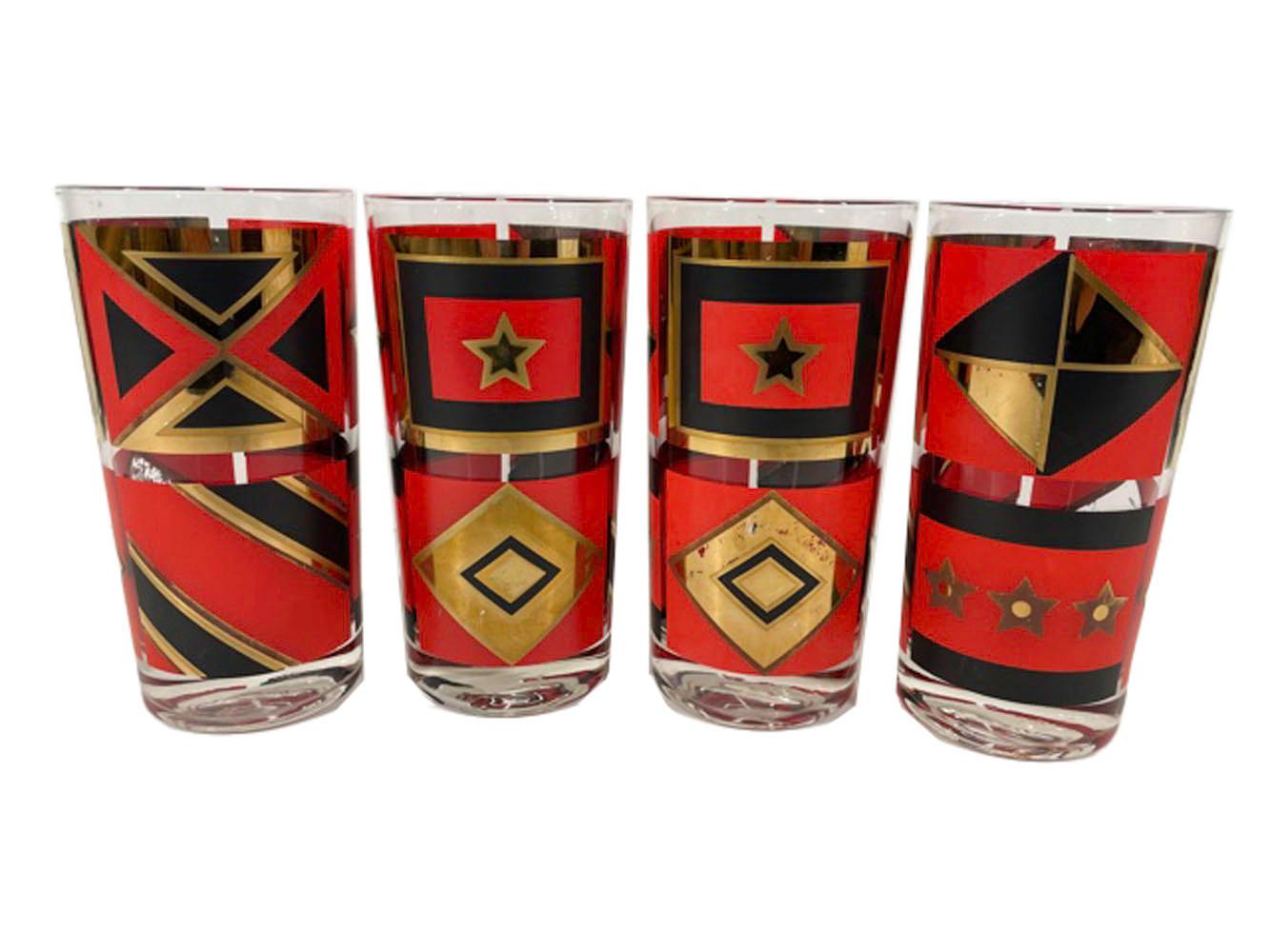 American Vintage Washington Glassware Red, Black & Gold Regimental Motif Cocktail Set