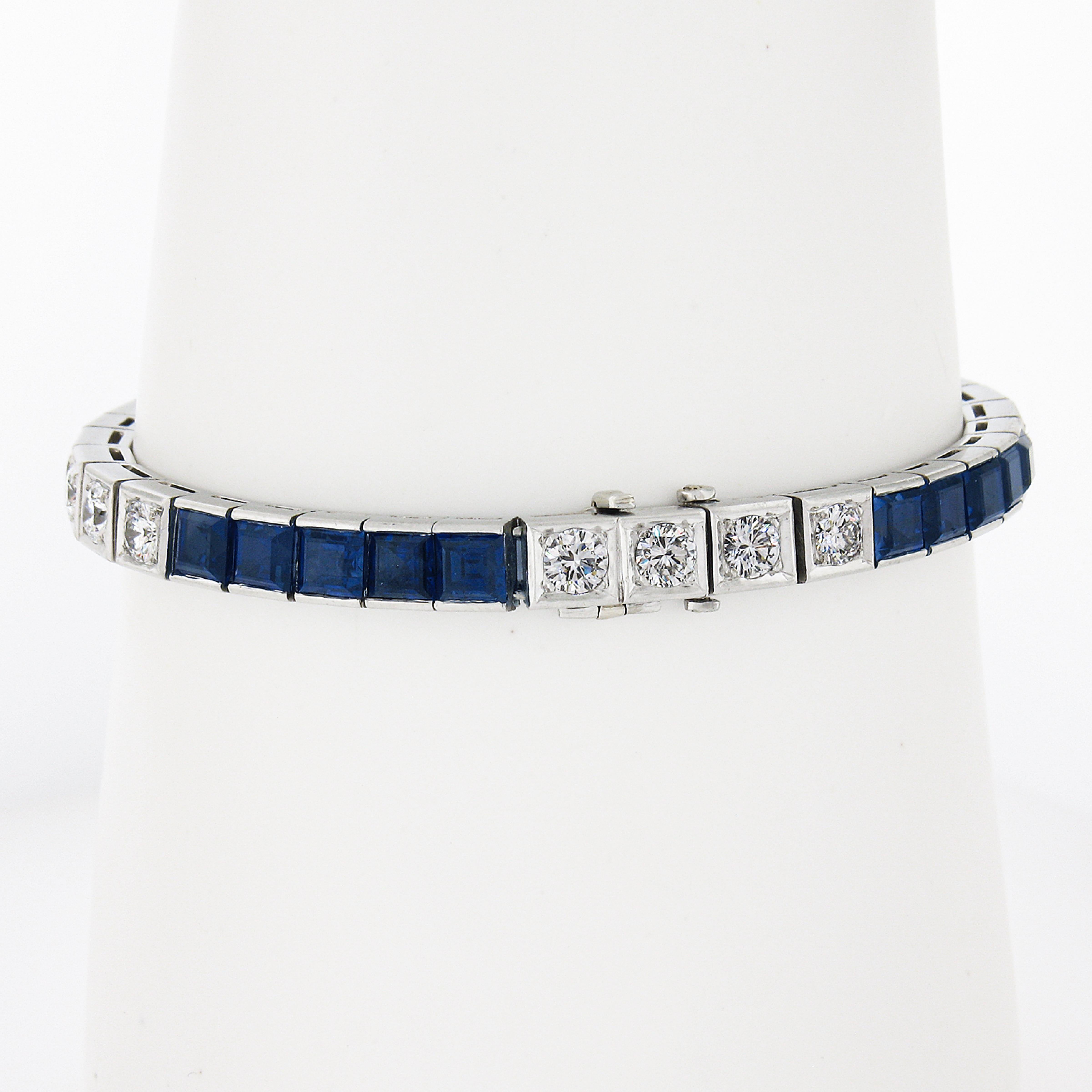 Waslikoff & Sohn Platiunm GIA Saphir & Diamant Line Tennisarmband, Vintage (Carréeschliff) im Angebot