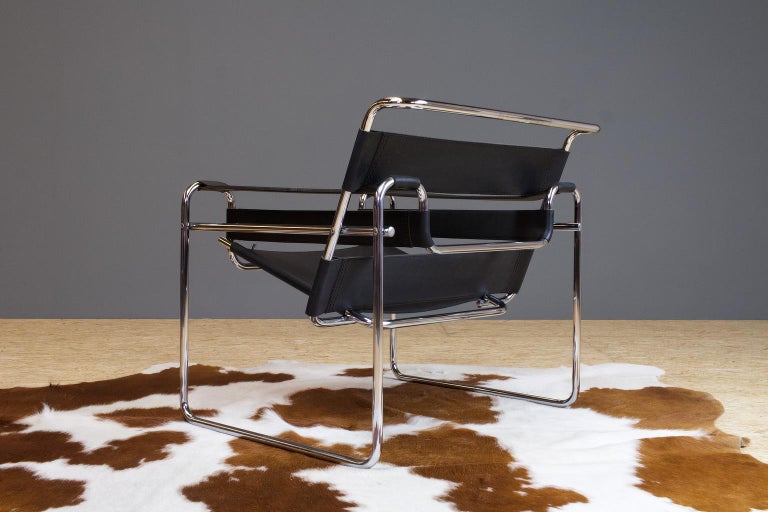 Marcel Breuer black leather Wassily lounge chair, circa 1970s-1980s. Comfortable and iconic. There are no manufacturer hallmarks. Probably Italian made. The black leather is in excellent condition and the chrome is in really good shape as well,
