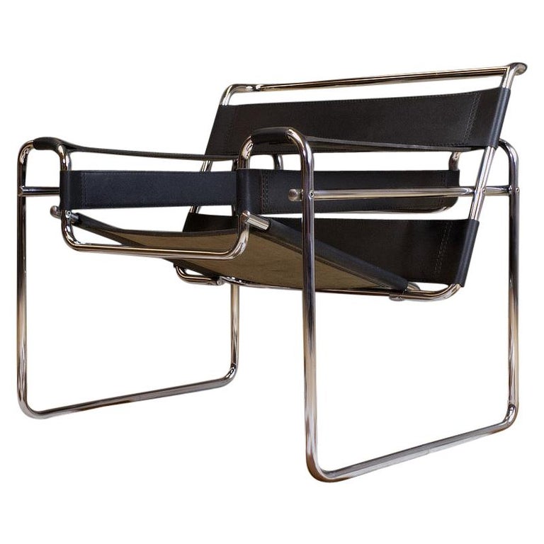 Vintage Wassily B3 Black Leather and Chrome Chair Marcel Breuer