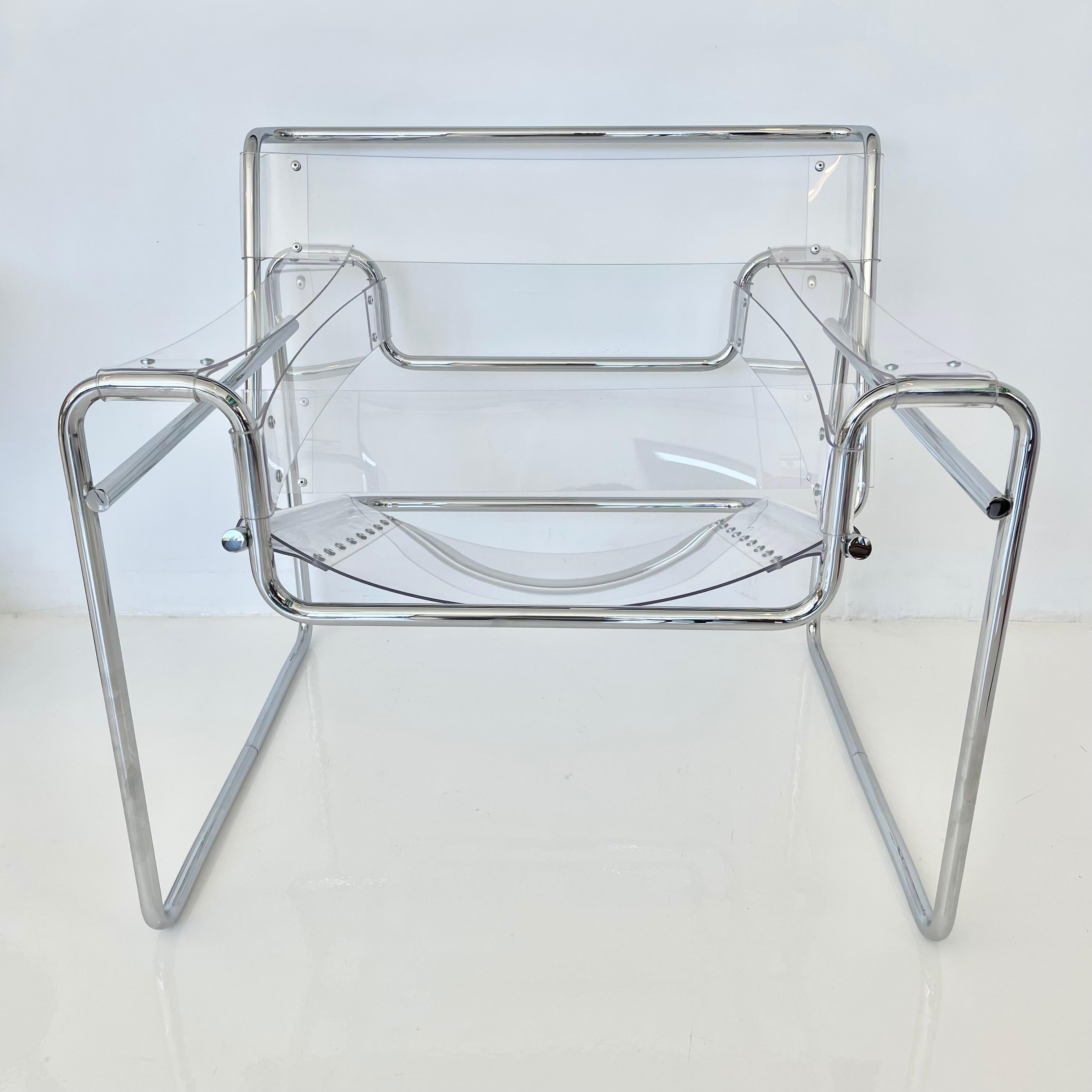 Artistic set of chairs by Los Angeles artist Kenneth Morehouse. Constructed on vintage 1970’s Wassily reproductions with welded flush end caps. PETG material has been thermoformed and riveted as the support. Very artistic take on a classic chair and