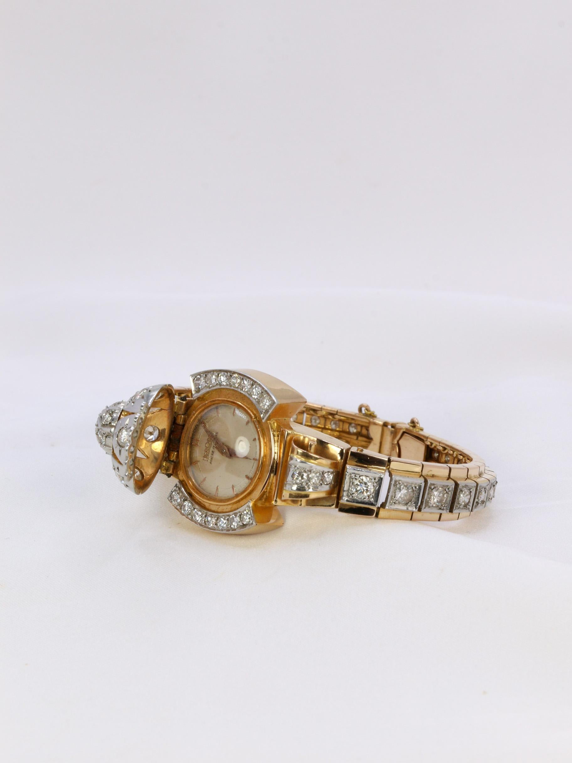Vintage Watch Bracelet in yellow gold and diamonds, 1950 For Sale 5