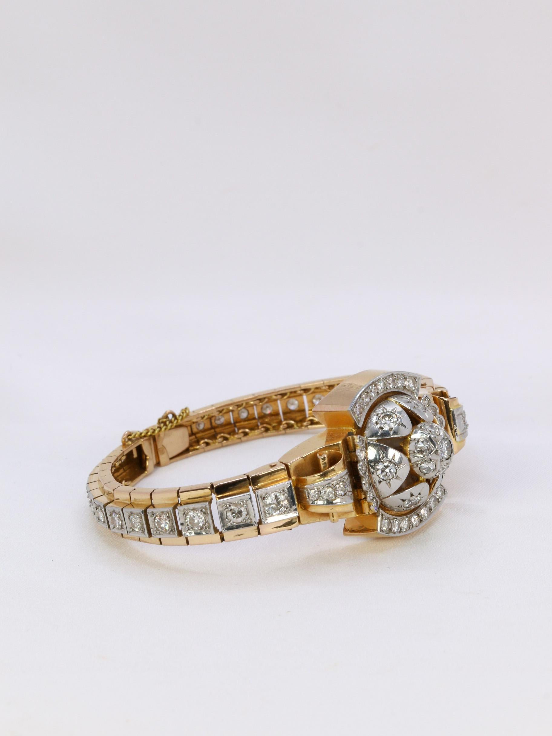 Round Cut Vintage Watch Bracelet in yellow gold and diamonds, 1950 For Sale