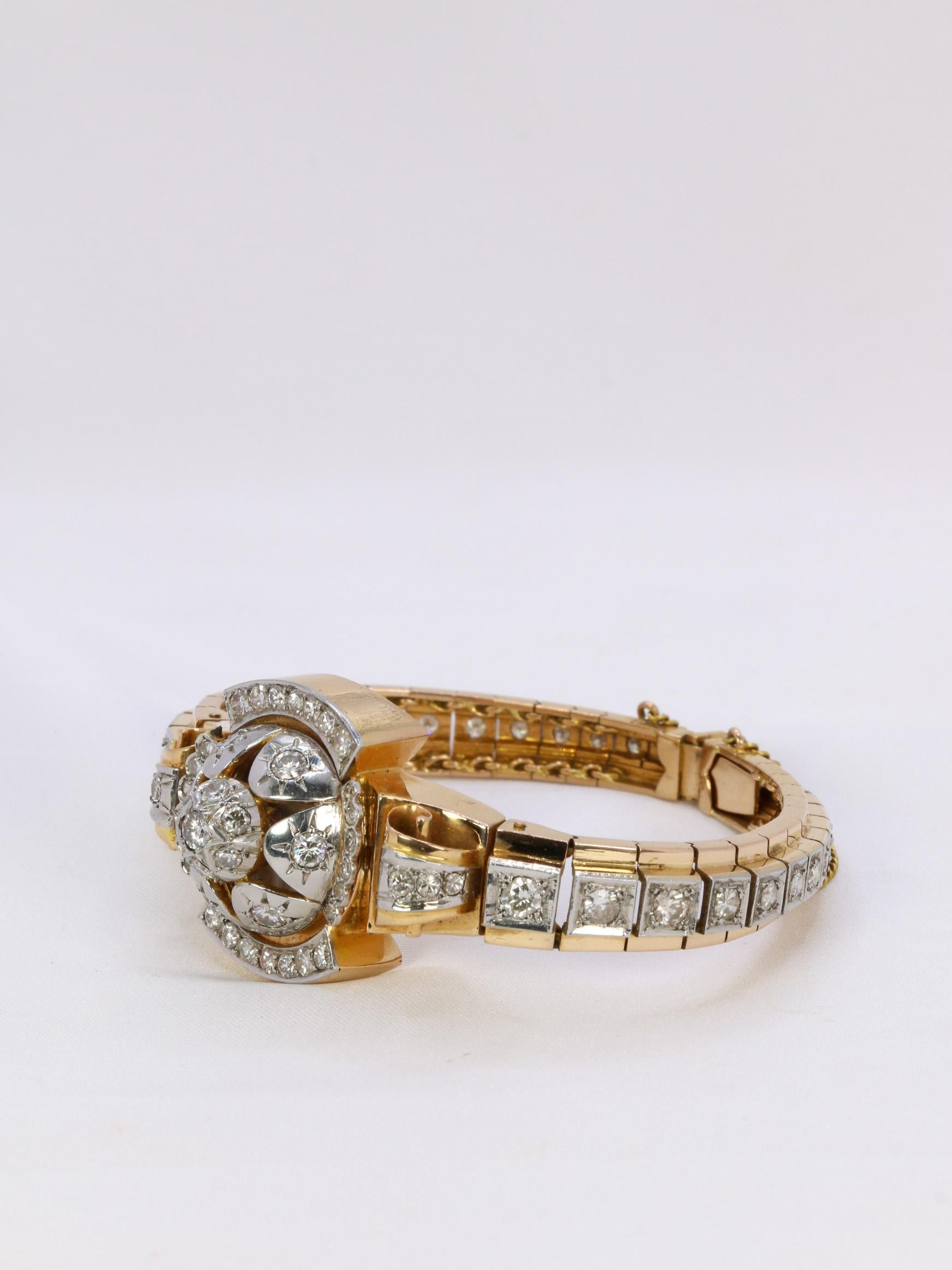 Vintage Watch Bracelet in yellow gold and diamonds, 1950 For Sale 2
