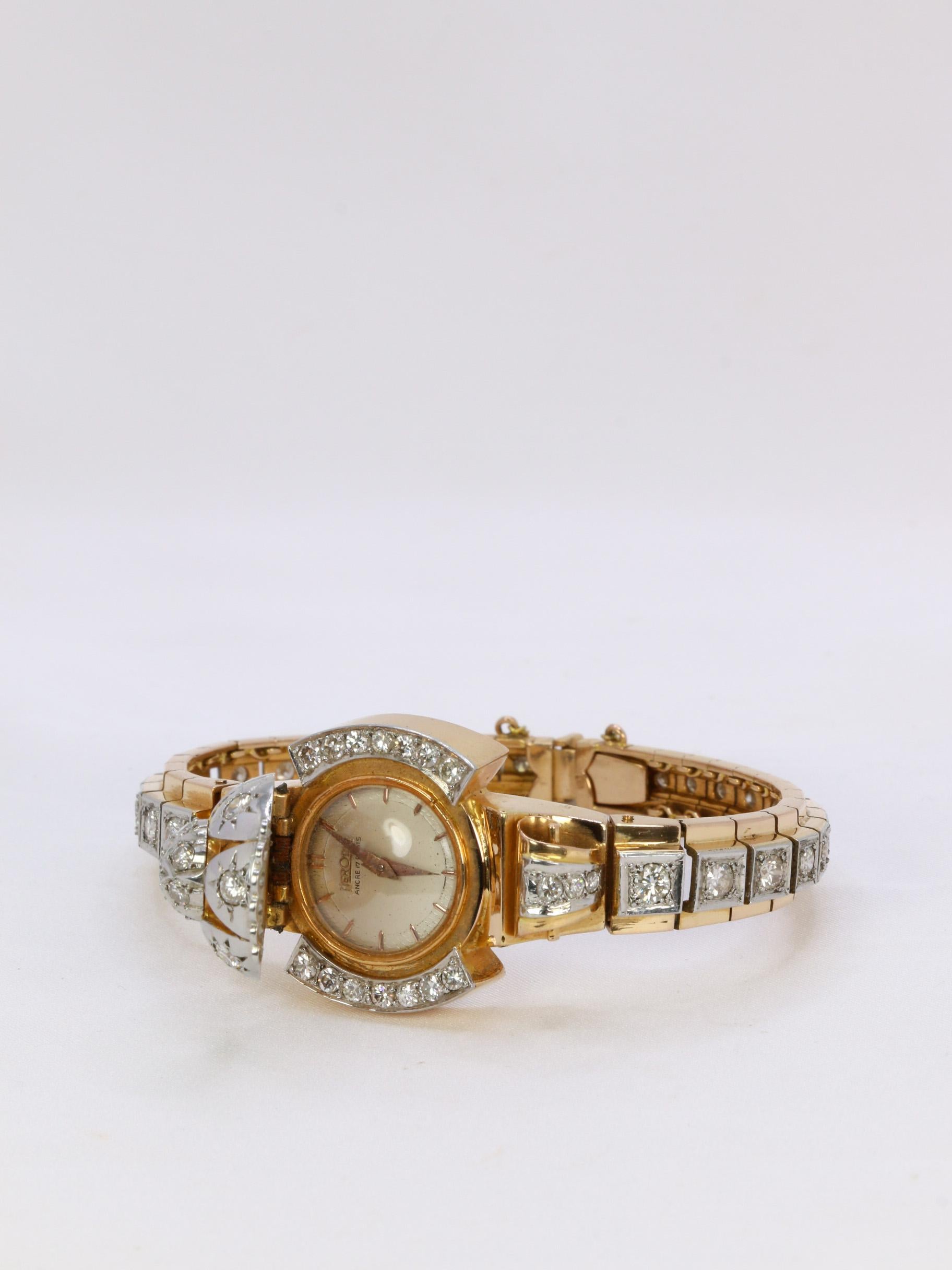Vintage Watch Bracelet in yellow gold and diamonds, 1950 For Sale 3