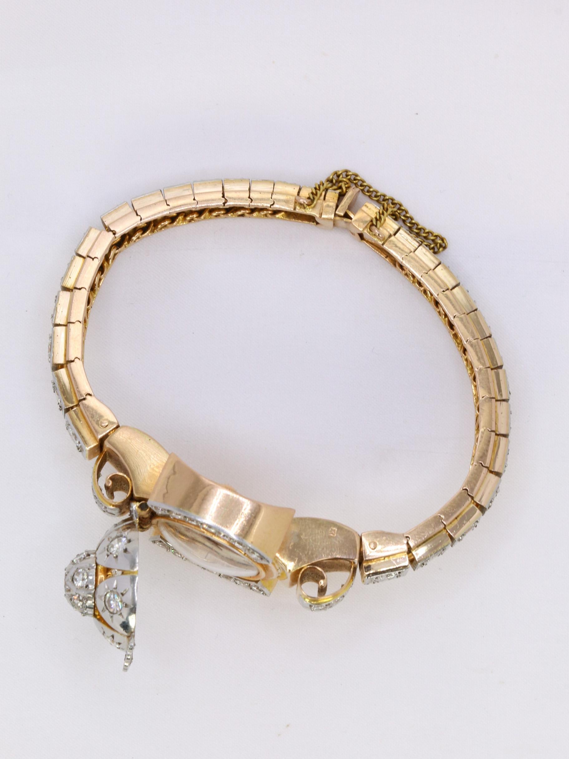 Vintage Watch Bracelet in yellow gold and diamonds, 1950 For Sale 4