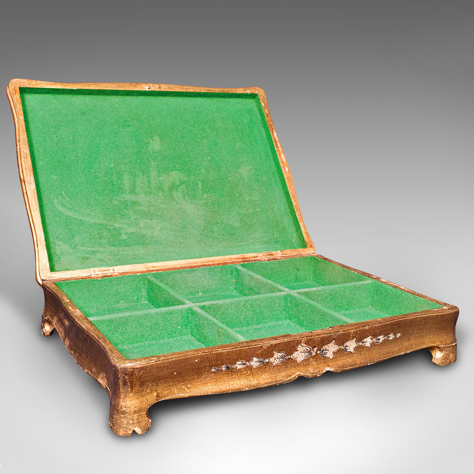 This is a vintage watch case. An Italian, giltwood decorative jewellery box, dating to the mid 20th century, circa 1950.

Eye-catching golden hues adorn this fascinating mid century Italianate box
Displays a desirable aged patina and in good