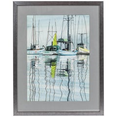 Vintage Water Color of Boats in Harbor, Signed “Elain ‘78”