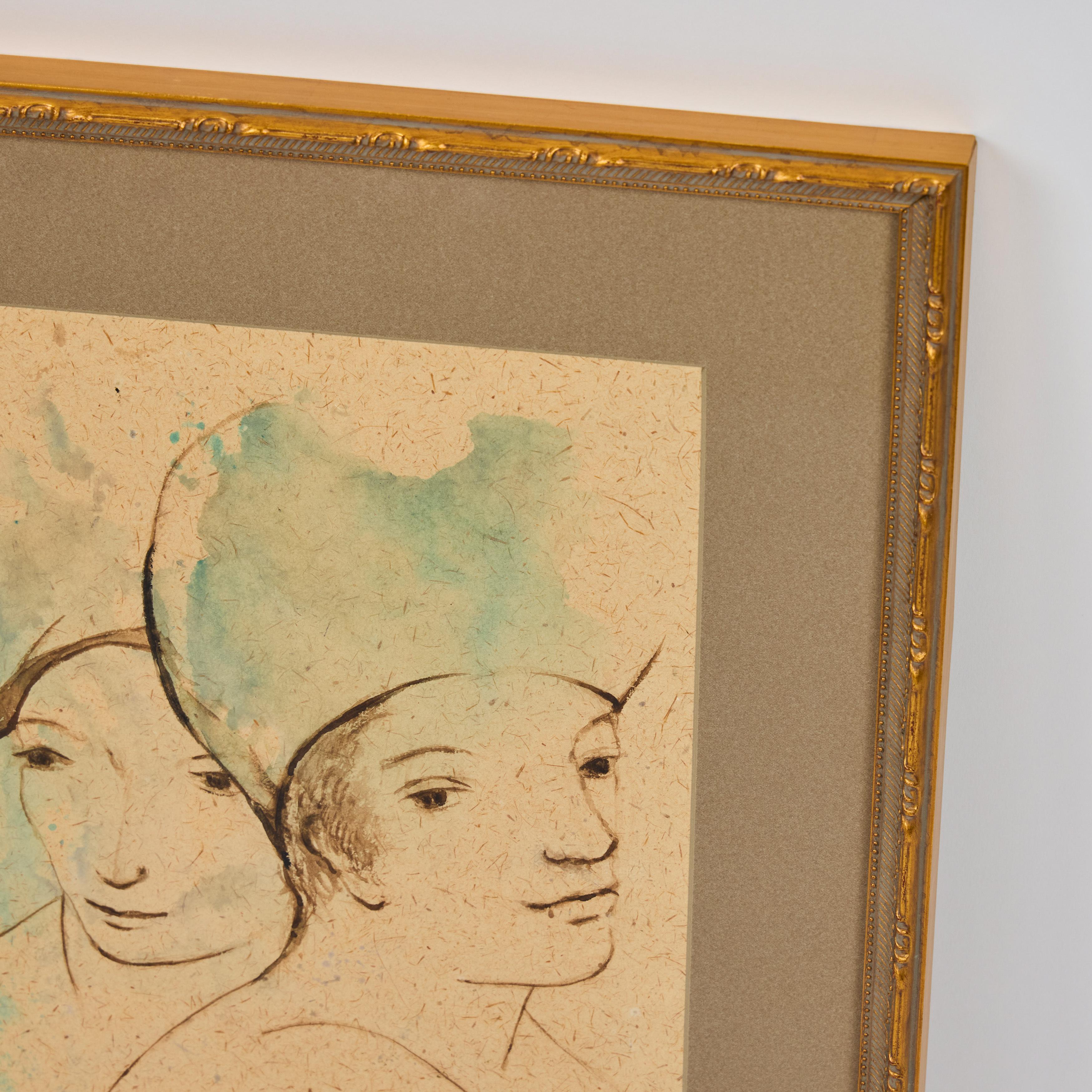 Vintage Aquarell von zwei weiblichen Gesichtern, neu gerahmt (Unbekannt) im Angebot