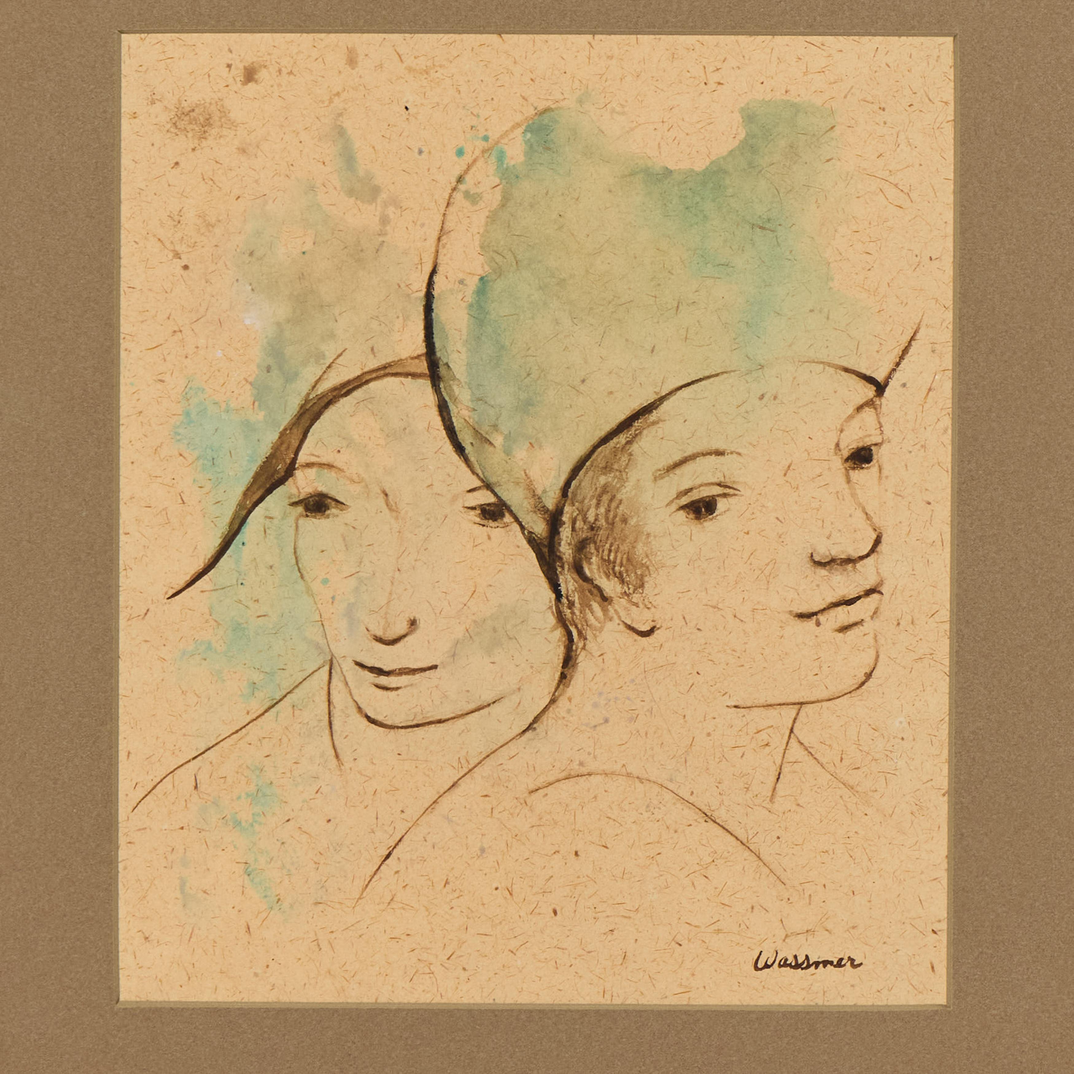 Vintage Aquarell von zwei weiblichen Gesichtern, neu gerahmt im Zustand „Gut“ im Angebot in Pasadena, CA