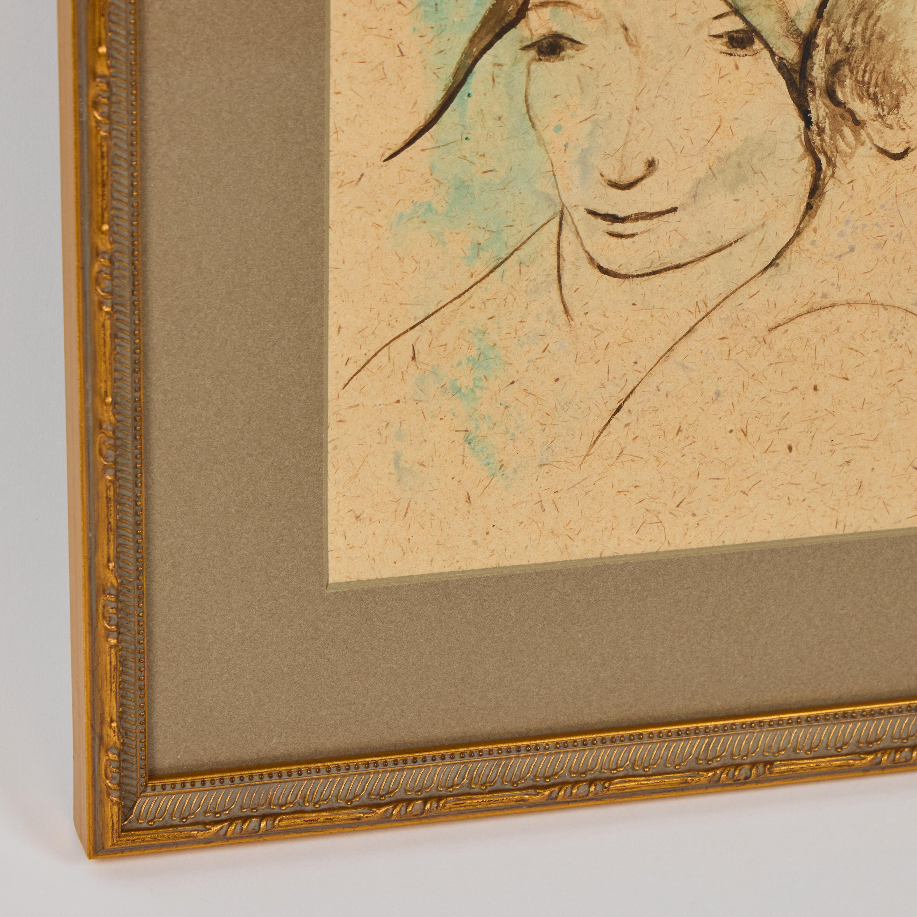 Vintage Aquarell von zwei weiblichen Gesichtern, neu gerahmt (20. Jahrhundert) im Angebot