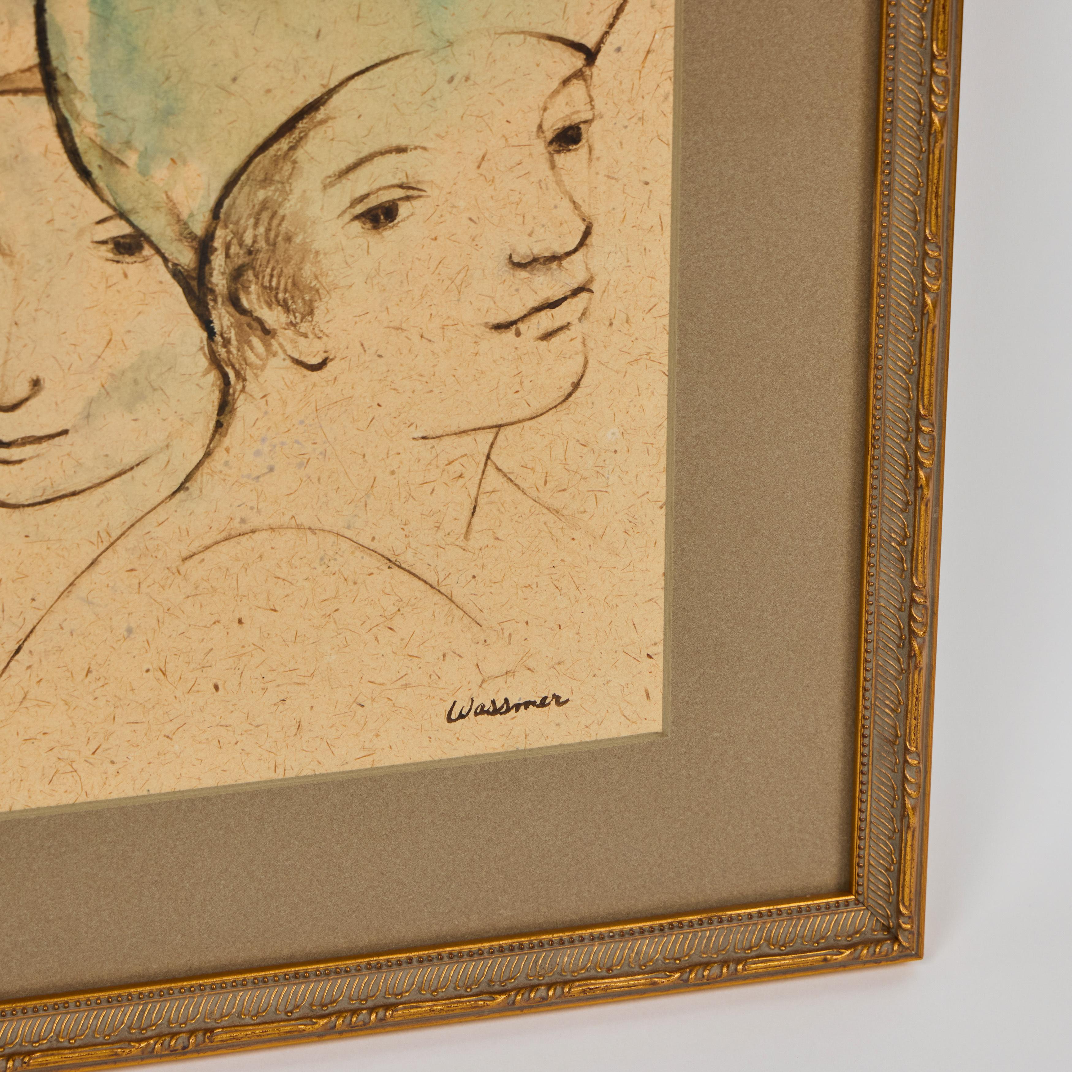 Vintage Aquarell von zwei weiblichen Gesichtern, neu gerahmt (Papier) im Angebot