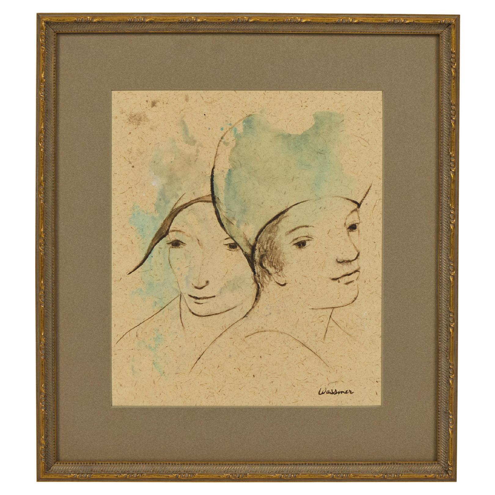 Vintage Aquarell von zwei weiblichen Gesichtern, neu gerahmt im Angebot