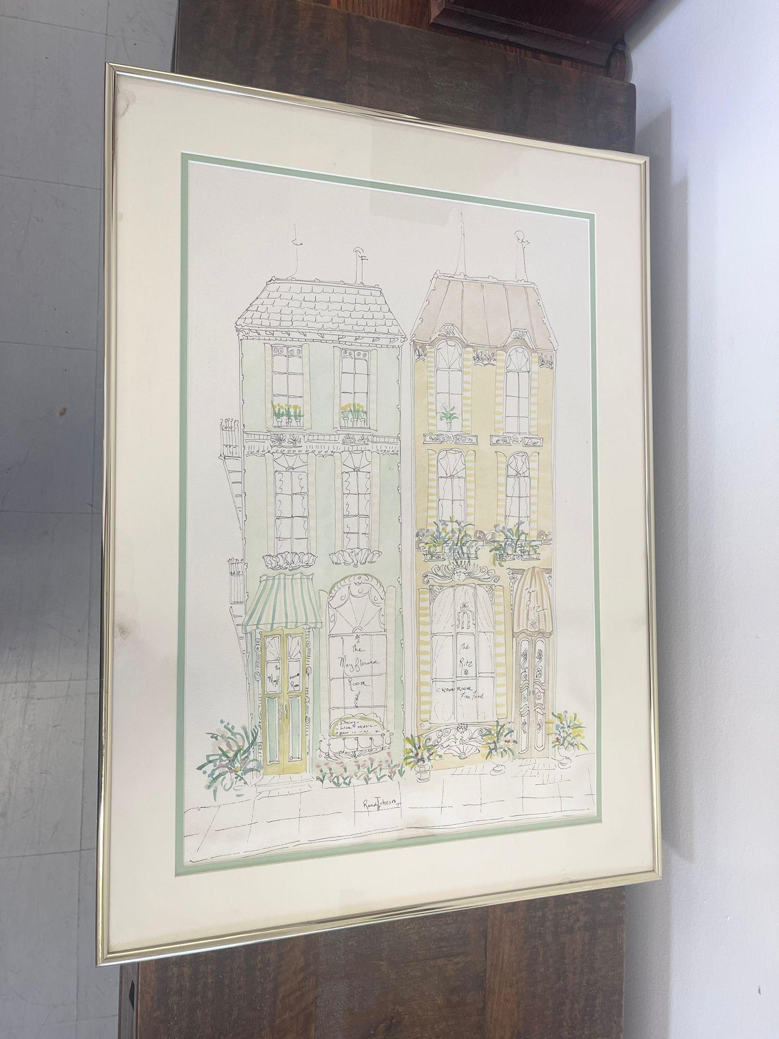 Diese Vintage-Farbe zeigt 2 Gebäude mit den Namen 