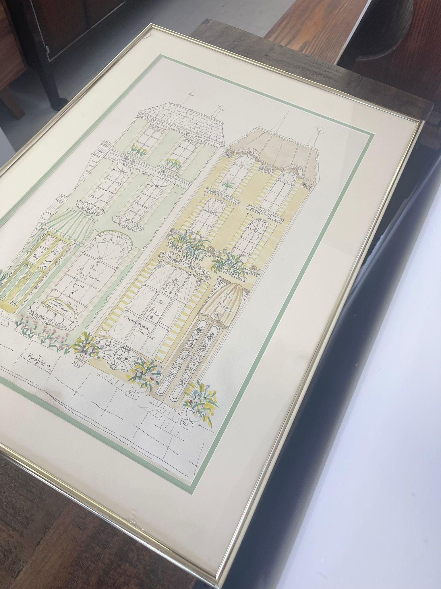 Aquarell- und Tuschegemälde im Vintage-Stil, signiert von Randy Johnson. (Holz) im Angebot