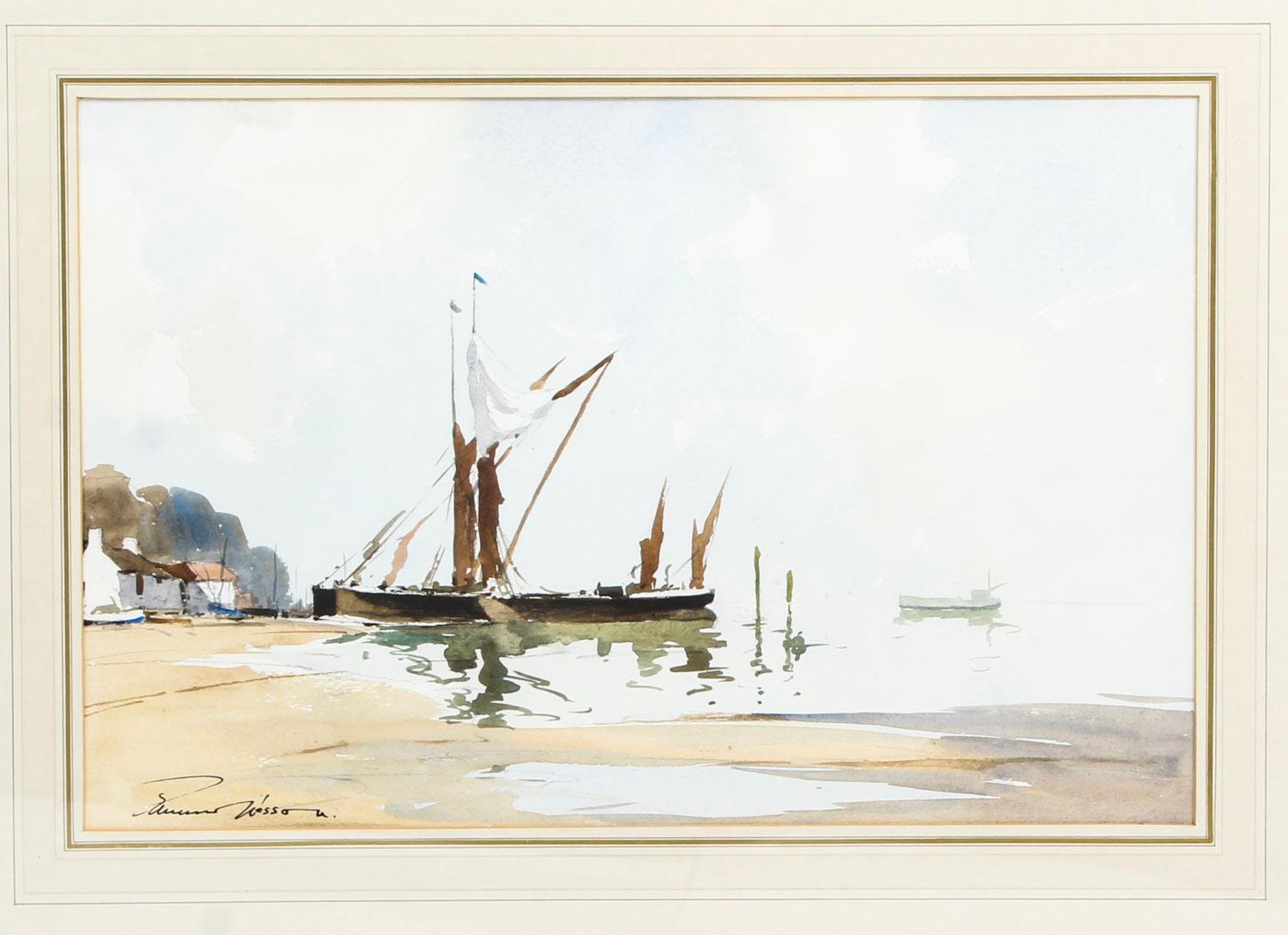 Vintage English watercolor landscape by Edward Wesson British, (1910-1983) circa 1960 in date.

This wonderful watercolour features a tranquil landscape of the hamlet of Pin Mill on the south bank of the River Orwell with sailing boats and