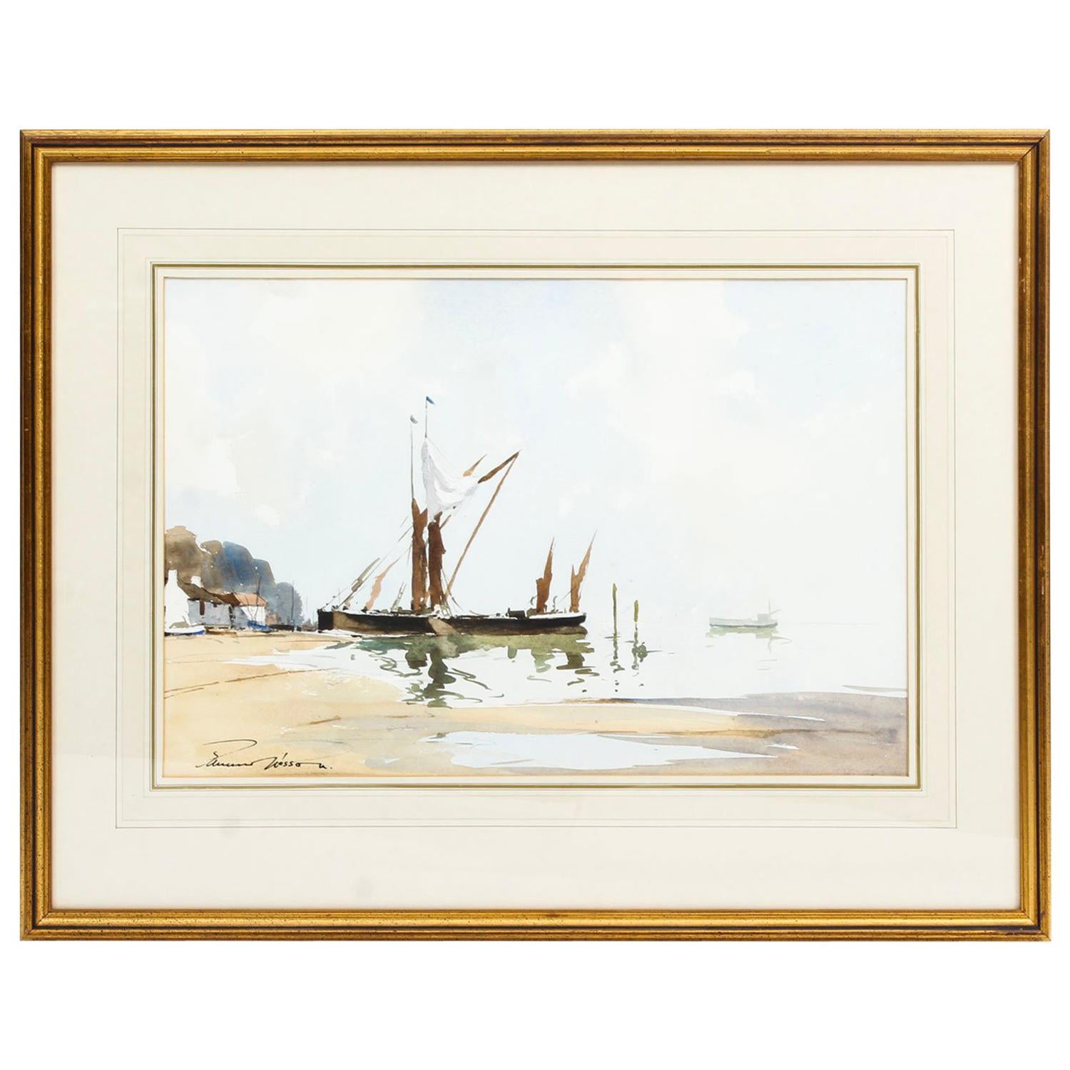 Vintage Watercolor by Edward Wesson of Pin Mill, Mid-20th Century