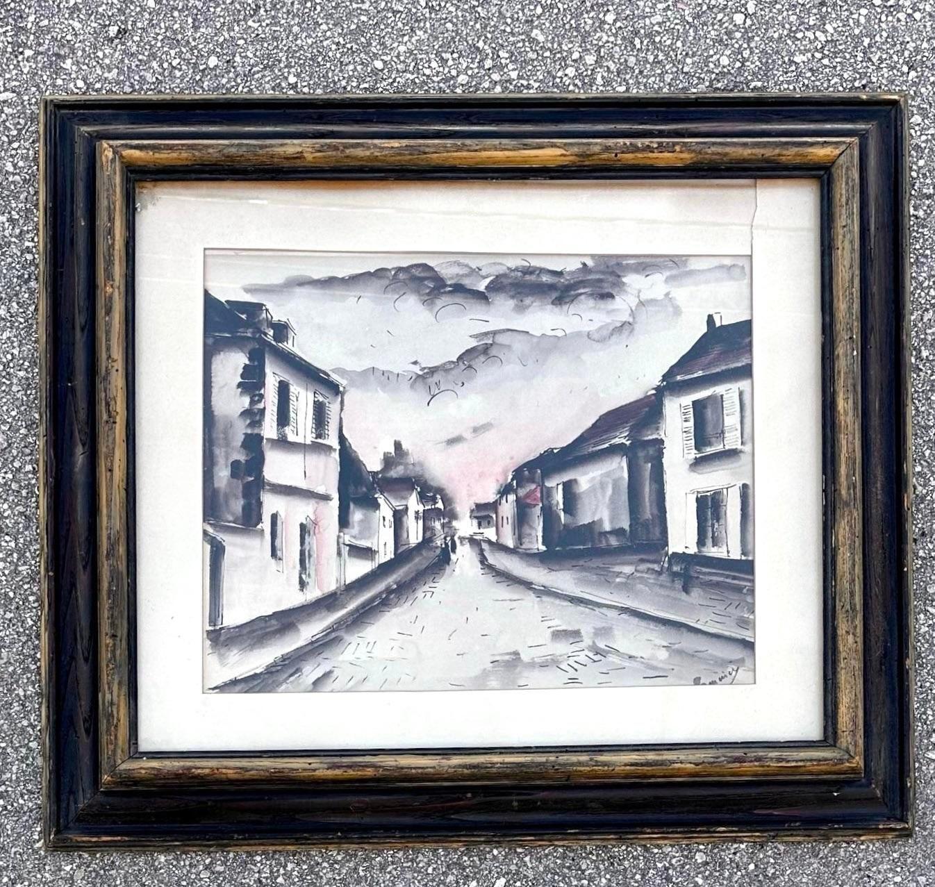 Peinture aquarelle vintage de la campagne Townes Bon état - En vente à west palm beach, FL