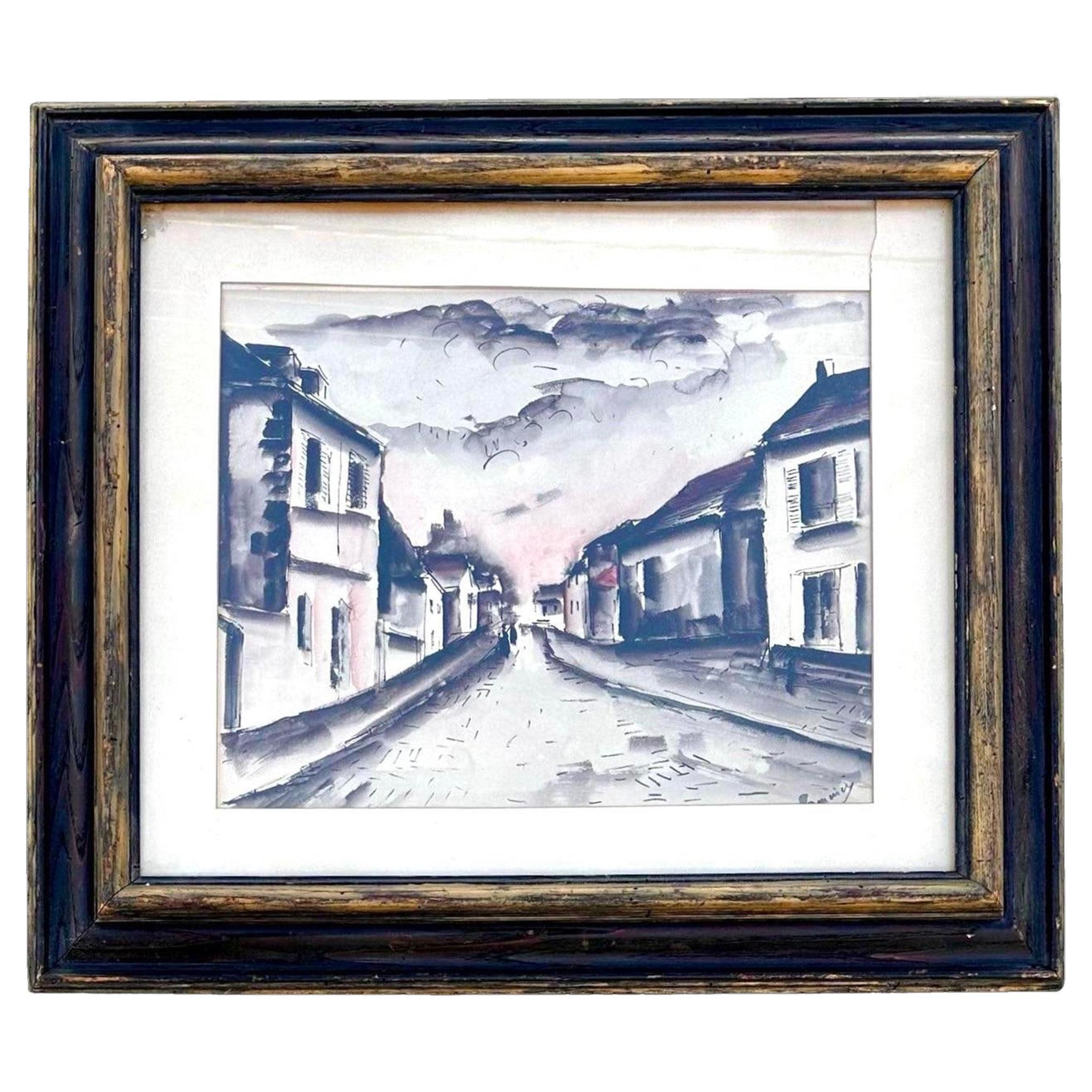 Vintage Watercolor Countryside Town Painting