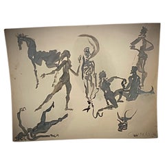 Disegno ad acquerello vintage di Jacques Courtade, "La Mort Invitée" N72 - 2Y165