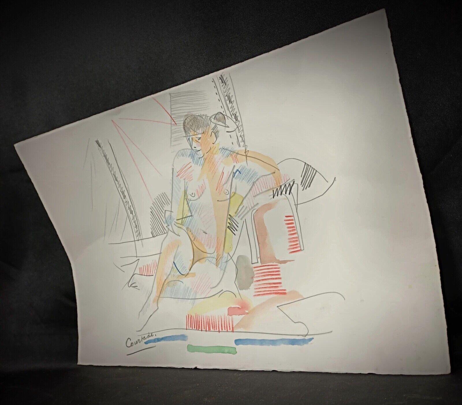 This vintage watercolor drawing by Jacques Courtade, titled 