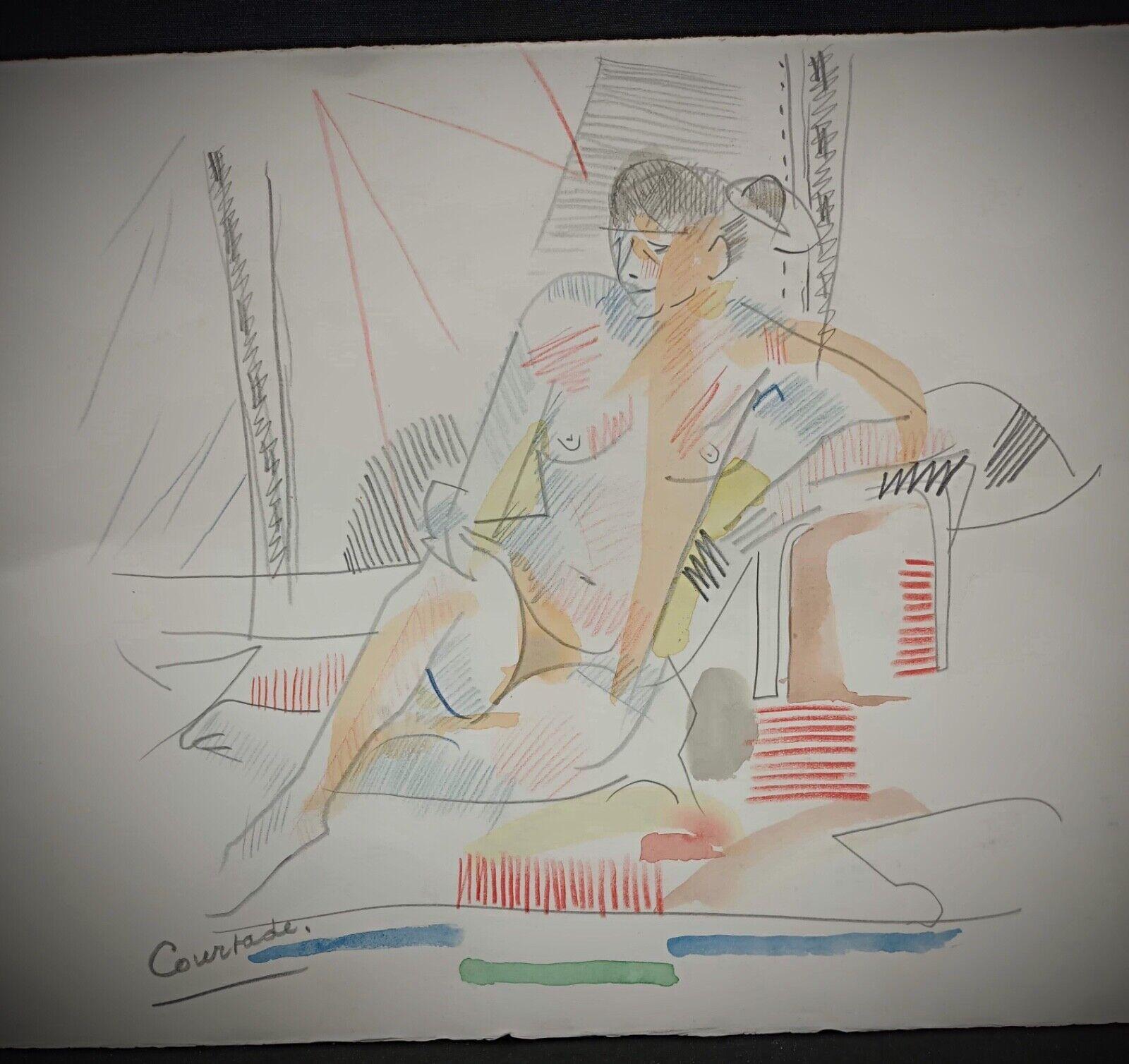 French Vintage Watercolor Drawing by Jacques Courtade, 