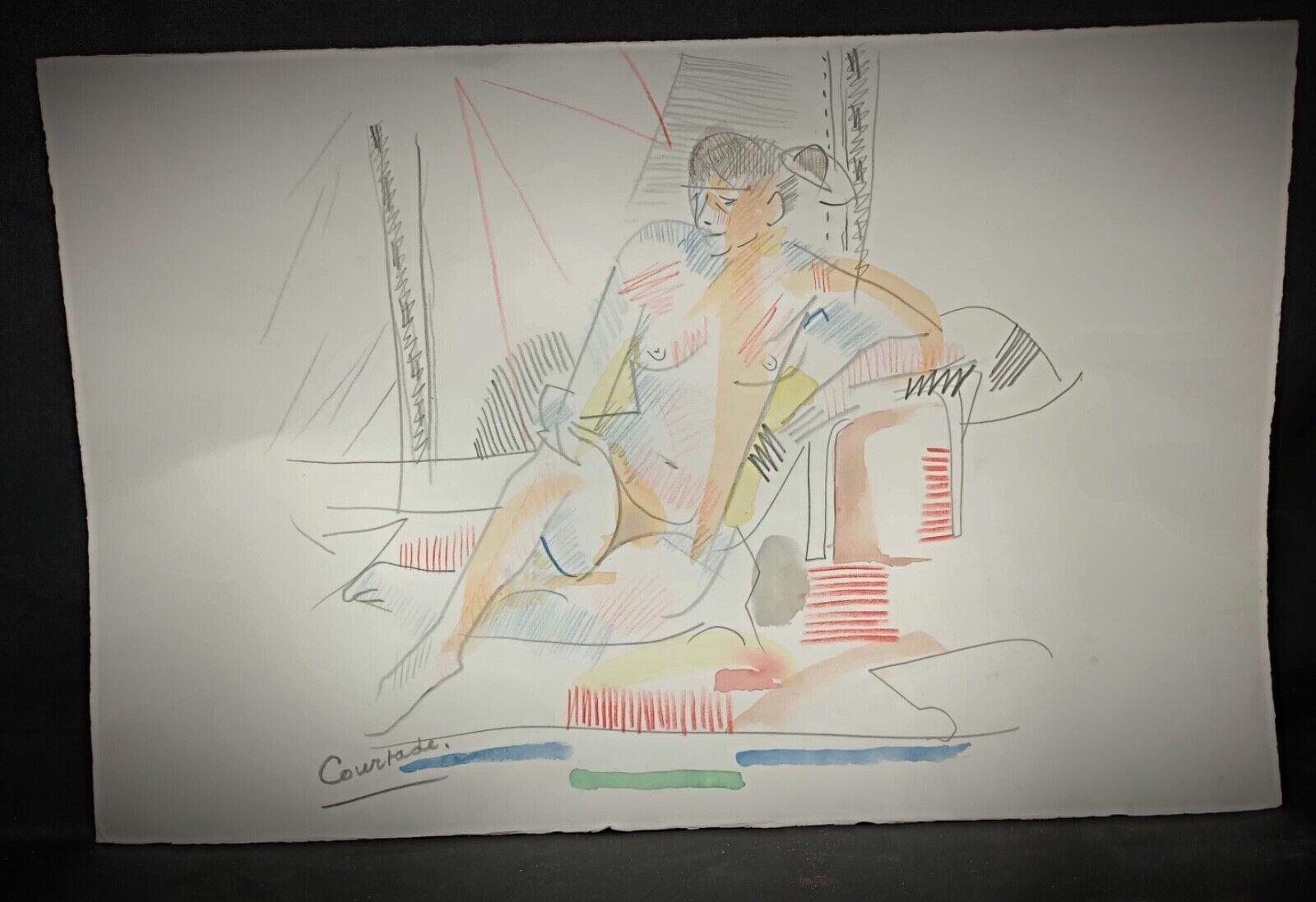 Paper Vintage Watercolor Drawing by Jacques Courtade, 