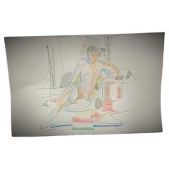 Disegno ad acquerello vintage di Jacques Courtade, "Donna nuda" - 2Y164