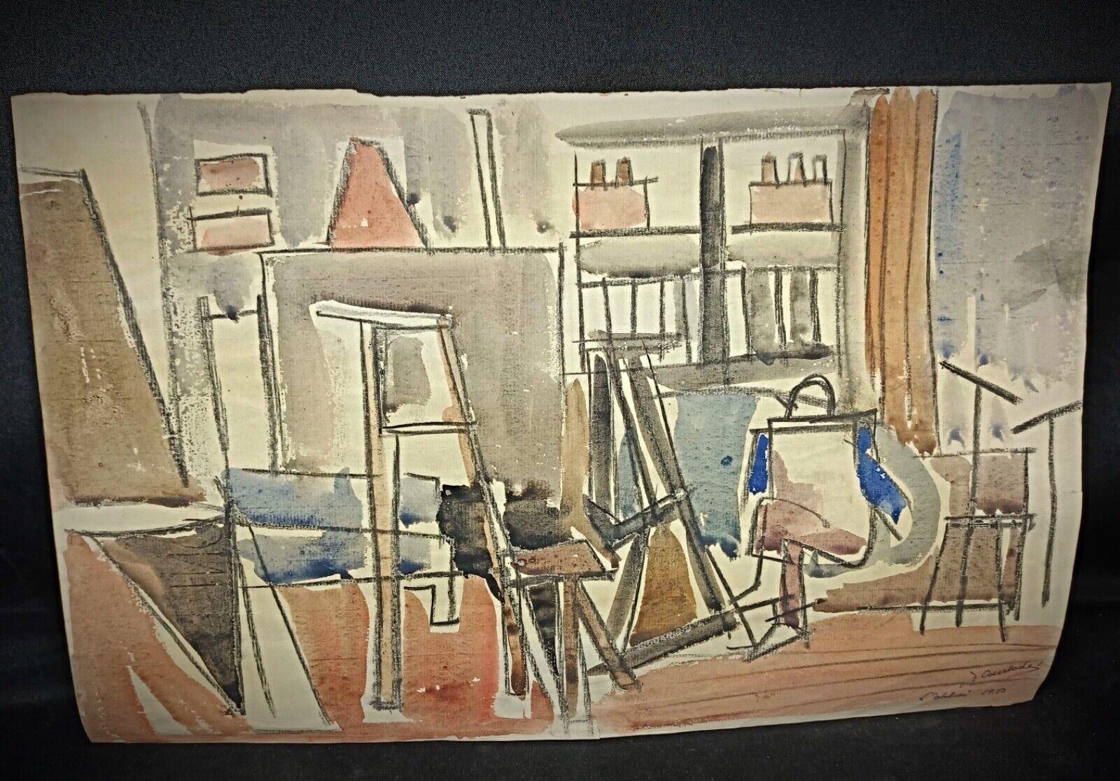 Disegno ad acquerello vintage di Jacques Courtade, firmato e numerato 316 - 2Y159 5